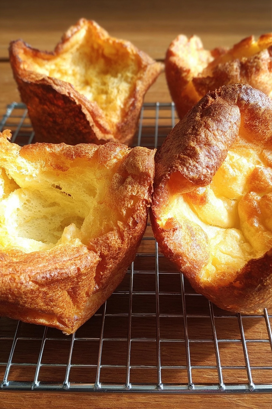 Perfect Yorkshire Pudding, Yorkshire Pudding recipe, how to make Yorkshire Pudding, crispy Yorkshire Pudding, fluffy Yorkshire Pudding - The image shows four pieces of light golden brown popovers with a crispy, uneven outer crust and soft, hollow centers with a slightly fluffy texture. They are placed on a silver wire rack, which sits on a wooden surface, all under natural soft light enhancing the warm tones and the crispy texture of the popovers. photo taken with an iphone --ar 2:3 --v 7
