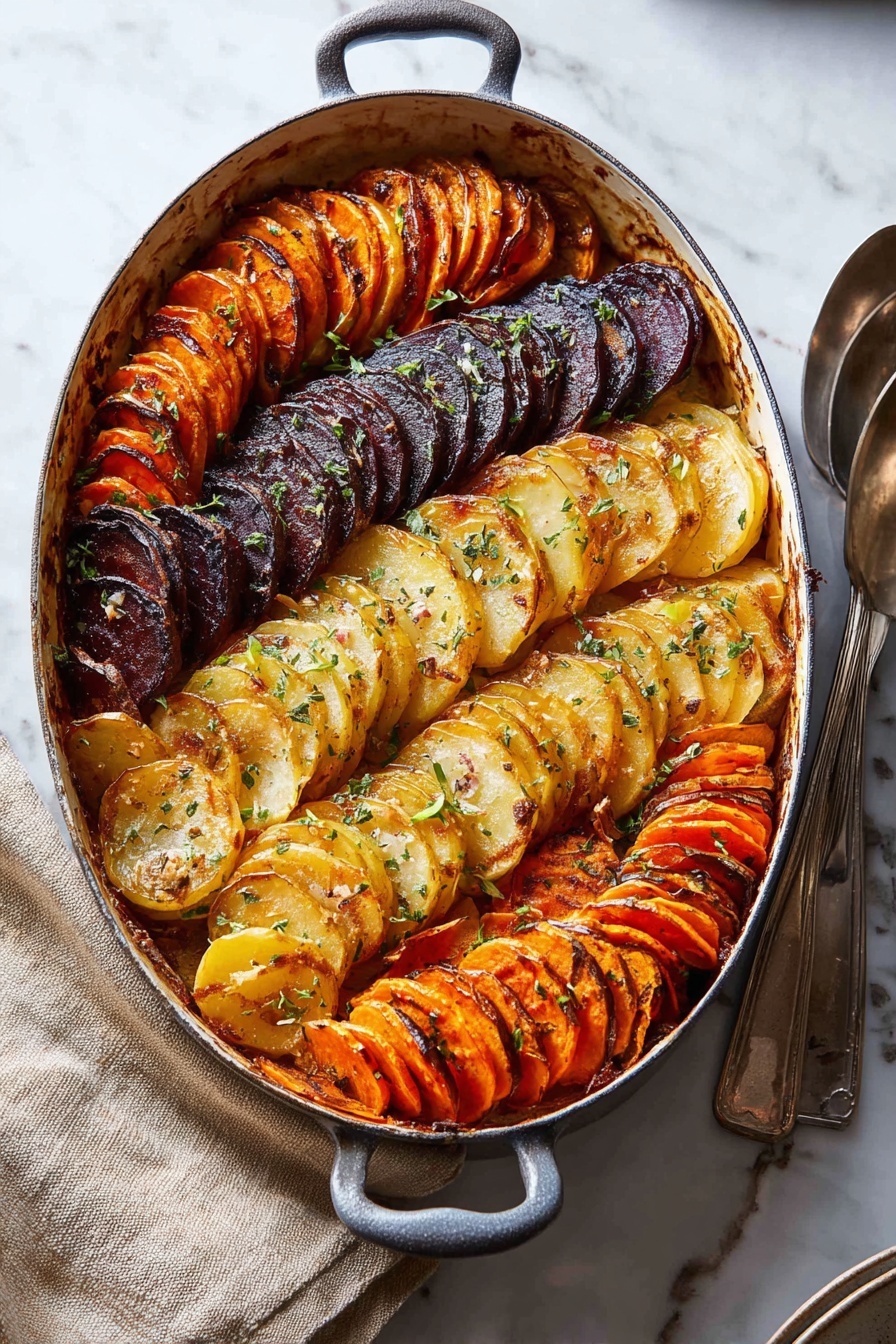 Cheesy Root Vegetable Gratin, root vegetable gratin, cheesy vegetable bake, baked root vegetables, vegetable side dish - This dish shows an oval white metal pan with five rows of thinly sliced vegetables arranged standing up in neat, overlapping layers. Starting from the top, the first row is dark orange sweet potatoes with a slightly crispy browned edge. The second row has pale yellow sliced potatoes with a light golden crust and some green herbs on top. The third row consists of deep purple slices, possibly beets, with a shiny, roasted look and a few sprinkle of herbs. The fourth row repeats the bright orange sweet potatoes with a rich roasted color and some herbs scattered on top. The last row at the bottom shows pale yellow potatoes again with gentle browning and fresh herbs. The pan is on a white marbled surface with a beige cloth and a silver spoon to the right. Photo taken with an iphone --ar 2:3 --v 7