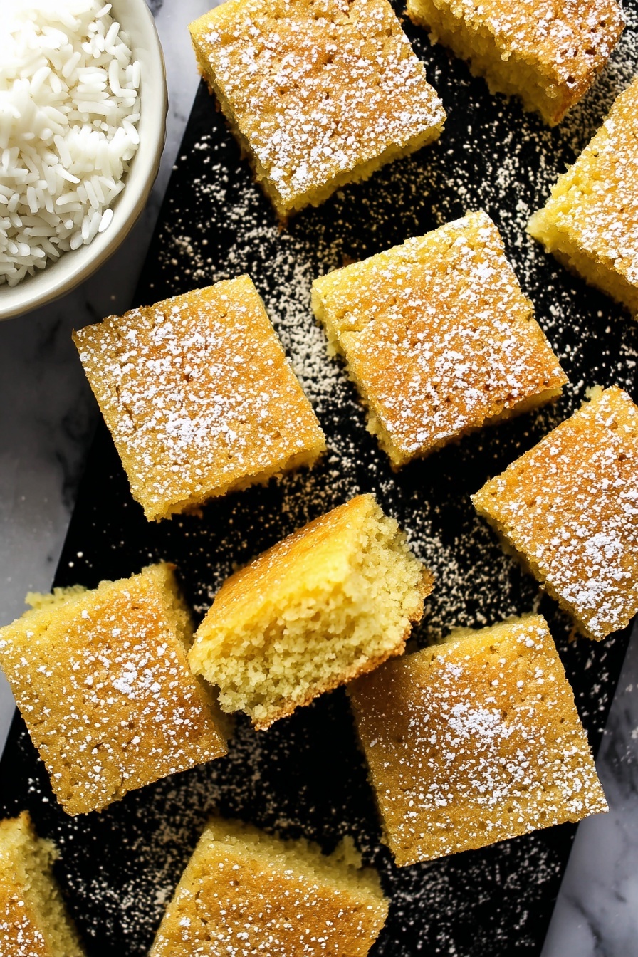 Coconut Milk Snack Cake, tropical snack cake, easy coconut cake recipe, moist coconut cake, simple dessert recipes - The image shows several square pieces of golden yellow cake with a soft, crumbly texture, spread out on a black background with powdered sugar lightly dusted over the top of each piece. One piece is turned to show the inside, revealing a moist and airy crumb. In the top left corner, a white bowl filled with fluffy white rice is partially visible. The scene is set against a white marbled texture. photo taken with an iphone --ar 2:3 --v 7