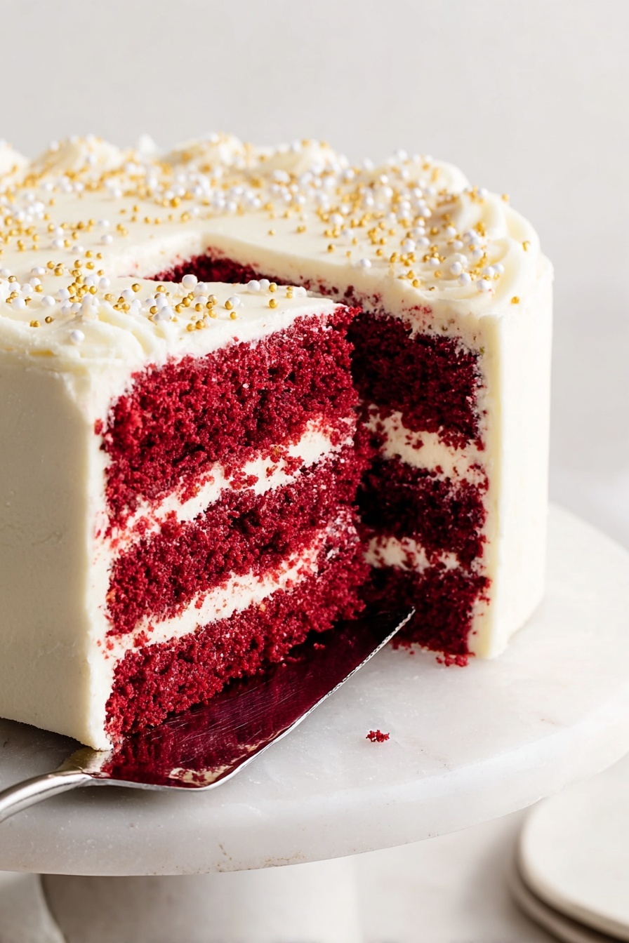 Red Velvet Cake with Cream Cheese Frosting, moist red velvet cake, easy red velvet cake recipe, classic red velvet cake, best cream cheese frosting - The image shows a three-layer red velvet cake with rich red layers separated by white creamy frosting. The outside of the cake is covered in smooth white frosting, decorated with small white and gold round sprinkles on top. The cake slice is lifted slightly with a silver cake server on a white marbled cake stand, against a plain light-colored background. Photo taken with an iphone --ar 2:3 --v 7