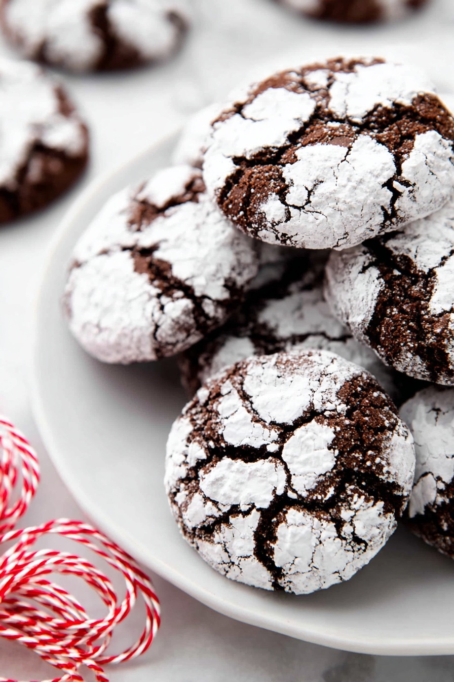 Chewy Chocolate Crinkle Cookies, chocolate crinkle cookies, fudgy cookie recipe, soft chocolate cookies, easy holiday cookies - A close-up view of several round chocolate cookies with cracked surfaces, each cookie topped with a thick layer of white powdered sugar that settles unevenly in the cracks, creating a textured look. The cookies are piled on a smooth, white plate, with a glimpse of red and white twisted string nearby on a white marbled surface background. The overall color contrast between the deep dark brown of the cookies and the bright white powdered sugar is strong and clear, highlighting the rough but soft texture of the treats. Photo taken with an iphone --ar 2:3 --v 7