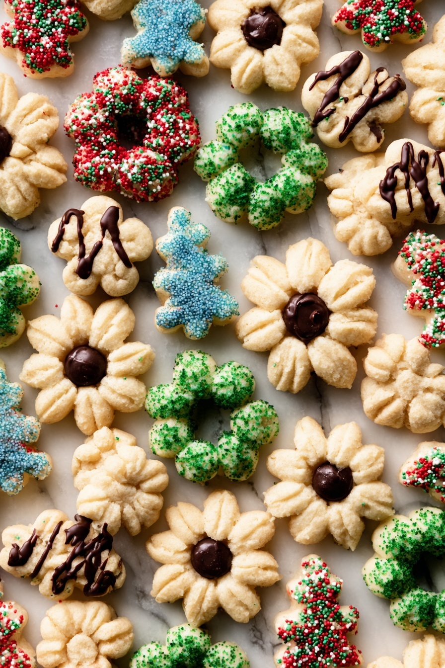Spritz Cookies, Easy Spritz Cookies, Holiday Cookie Recipes, Butter Cookie Recipe, Festive Cookie Ideas - The image shows many small cookies in different shapes and colors spread over a white marbled surface. There are five main cookie shapes: light beige flower shapes with blue or red sugar sprinkles, green round wreath shapes with red, green, and white sprinkles, light beige flower shapes with a dark brown chocolate round center and dark brown chocolate drizzle lines, light beige rectangular shapes with blue sugar sprinkles, and light beige Christmas tree shapes decorated with red and green sprinkles. Each cookie has a soft, piped texture with visible ridges and details. The mix of green, beige, red, blue, and dark brown colors creates a festive and colorful look. photo taken with an iphone --ar 2:3 --v 7