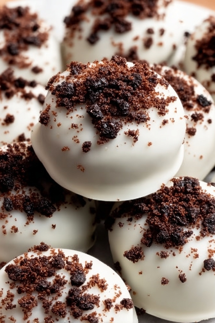Easy Oreo Truffles, Oreo truffles no bake, Oreo balls dessert, quick Oreo treats, simple no bake dessert - A close-up view of round bite-size treats arranged in several layers on a wooden plate. Each treat has a smooth white outer layer with a slightly shiny texture, topped with dark brown crumbly bits that add a rough texture. The treats are densely packed, overlapping each other, showing contrast between the bright white coating and the textured dark topping. The background is a white marbled surface. photo taken with an iphone --ar 2:3 --v 7