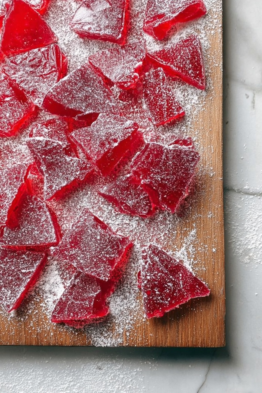 Cinnamon Rock Candy, rock candy candy sticks, homemade cinnamon candy, crunchy cinnamon sweets, easy rock candy recipe - The image shows many pieces of bright red candy with a shiny, glass-like texture scattered over a wooden board. The candy is broken into various shapes and sizes, some triangular and some irregular, all dusted with a light layer of white powdered sugar. The wooden board stands on a white marbled surface with some powdered sugar spilled outside the board, adding contrast to the scene. photo taken with an iphone --ar 2:3 --v 7