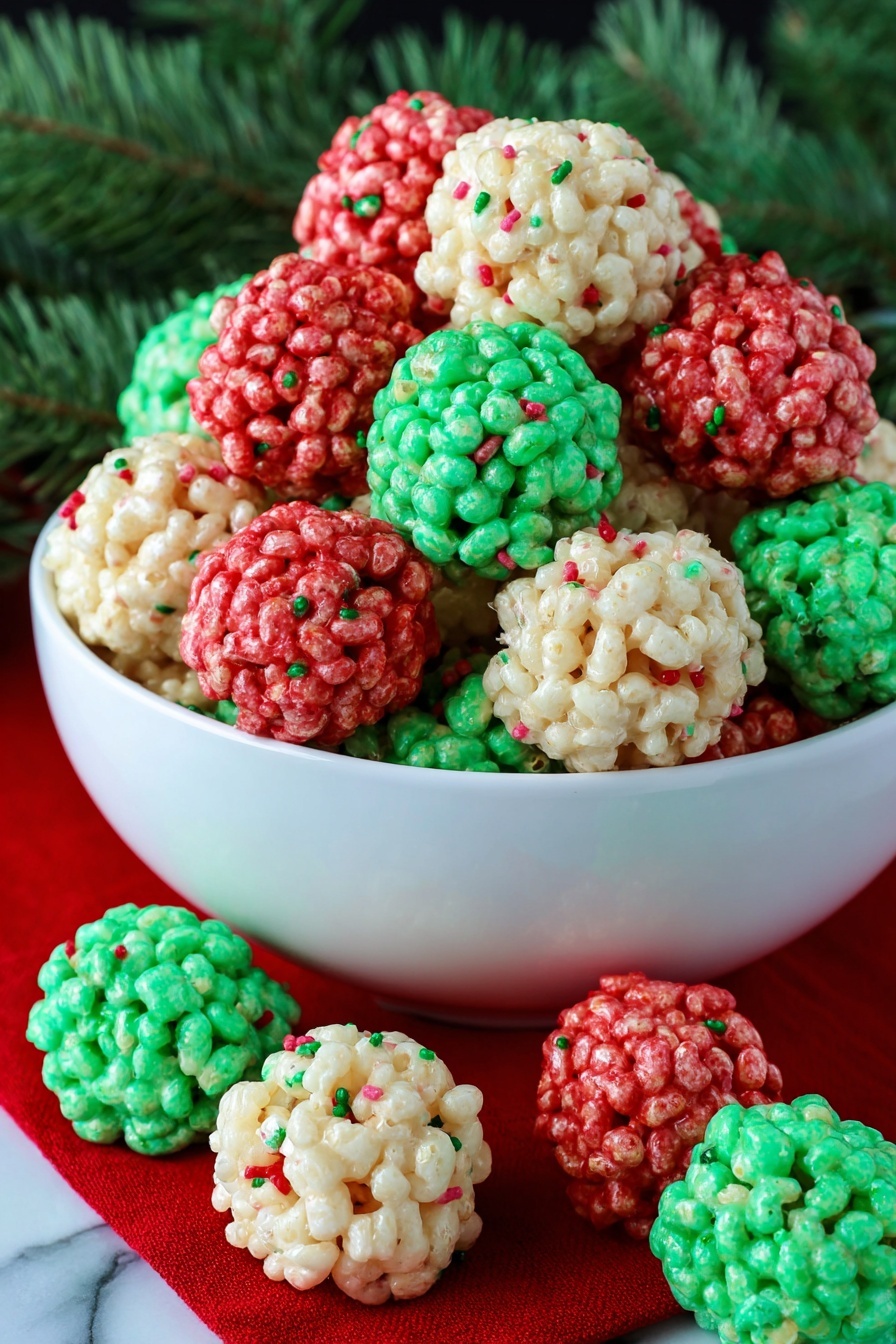 Christmas Rice Krispie Treats Bites, festive rice krispie treats, holiday marshmallow treats, Christmas party snacks, easy Christmas treats - A white bowl full of small, round rice cereal treats in three colors: creamy white, bright red, and bright green, each ball showing a bumpy, sticky texture with tiny colorful sprinkles throughout. The balls are piled high inside the bowl with a few placed outside on a red cloth, all set against a green pine needle background with a white marbled surface below. The image shows the rice cereal clusters close up, highlighting their shiny, textured surfaces. photo taken with an iphone --ar 2:3 --v 7