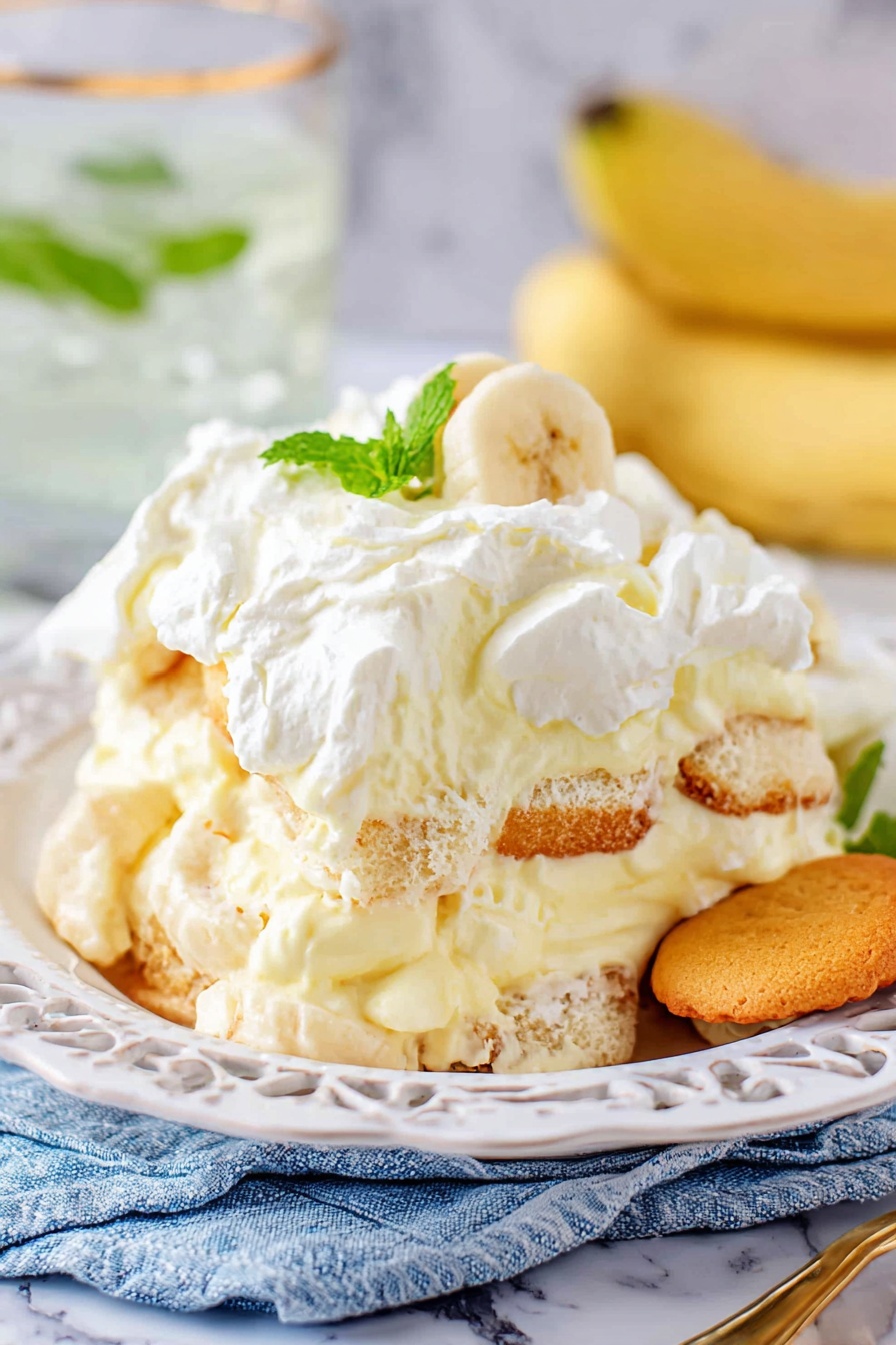 Rich Banana Pudding Dessert, Banana Pudding dessert recipe, creamy banana pudding, easy banana pudding, homemade banana pudding - The image shows a close-up view of a creamy layered dessert on a white plate with intricate cut-out edges, sitting on a blue and white cloth on a white marbled surface. The dessert has three main layers: at the bottom and middle, there are soft cake or biscuit layers soaked in cream, pale yellow in color with some visible pieces of banana slices. Between these layers are thick, light-yellow cream fillings that look smooth and fluffy. The top layer is white whipped cream, thickly spread over the dessert, slightly uneven with soft peaks. A small bright green mint leaf and a single round, golden-yellow cookie or biscuit sit near the back of the dessert for decoration. The background includes a glass of water with mint, out of focus bananas, and a white marbled texture. photo taken with an iphone --ar 2:3 --v 7