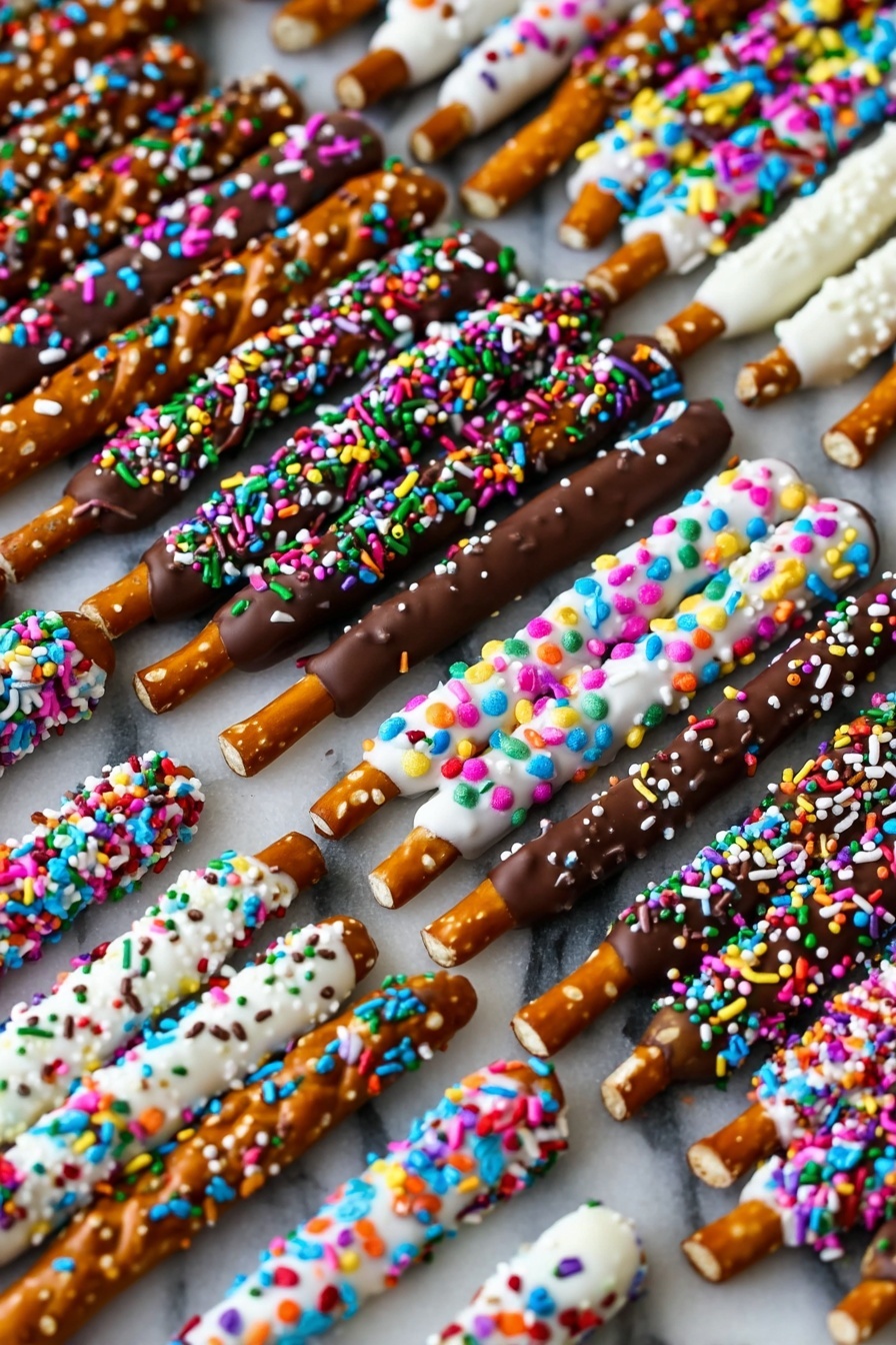 Chocolate Covered Pretzels, Easy Pretzel Dips, Salty and Sweet Treats, Homemade Chocolate Pretzels, Holiday Snack Ideas - The image shows a collection of pretzel sticks and pretzel twists on a white marbled surface. The pretzel sticks are arranged in a neat row, each covered halfway with either white or dark chocolate, topped with a thick layer of multicolored sprinkles in various shapes and sizes. The pretzel twists are fully coated either in white or dark chocolate and covered with smaller round multicolored sprinkles. The sprinkles add vibrant red, blue, green, yellow, pink, orange, and purple colors scattered evenly on the chocolate layers, creating a playful and festive look. The brown color of the pretzels contrasts with the bright chocolate coatings and colorful sprinkles, making the treats look playful and inviting. photo taken with an iphone --ar 2:3 --v 7