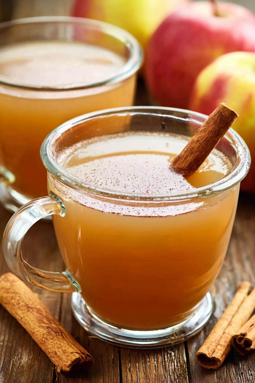Homemade Apple Cider, Apple Cider Recipe, Spiced Apple Cider, Easy Apple Cider, Fresh Apple Cider - A clear glass cup filled with light brown warm apple cider sits on a wooden surface. The cider has a smooth, slightly cloudy texture and a cinnamon stick stands upright in the middle of the cup. In the background, blurred to the right side, are two whole apples with red and yellow skin. Another glass cup filled with cider is behind the first cup, partly visible. Two cinnamon sticks lay flat on the left side of the wooden surface. The scene is bright and cozy, with a focus on the warm drink and its simple autumn ingredients. Photo taken with an iphone --ar 2:3 --v 7