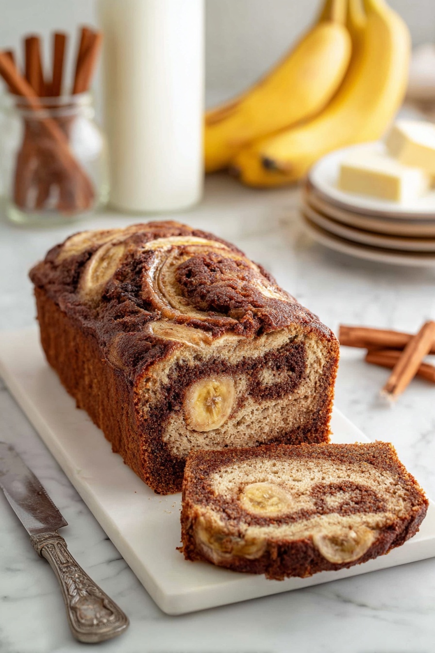 Cinnamon Swirl Banana Bread, moist banana bread with cinnamon, homemade banana bread with cinnamon swirl, easy cinnamon banana bread recipe, flavorful banana bread - A sliced loaf of banana bread with a rich brown and golden swirl pattern inside rests on a white rectangular plate set on a white marbled surface. The top crust is cracked and darker brown with a slightly rough texture, and visible banana slices peek through. In the background, there is a tall glass of milk, a bunch of bananas, a small jar of cinnamon, butter on a clear dish, a few cinnamon sticks, and a stack of white plates with more banana bread slices. A vintage silver knife lies next to the plate on the marbled surface. photo taken with an iphone --ar 2:3 --v 7
