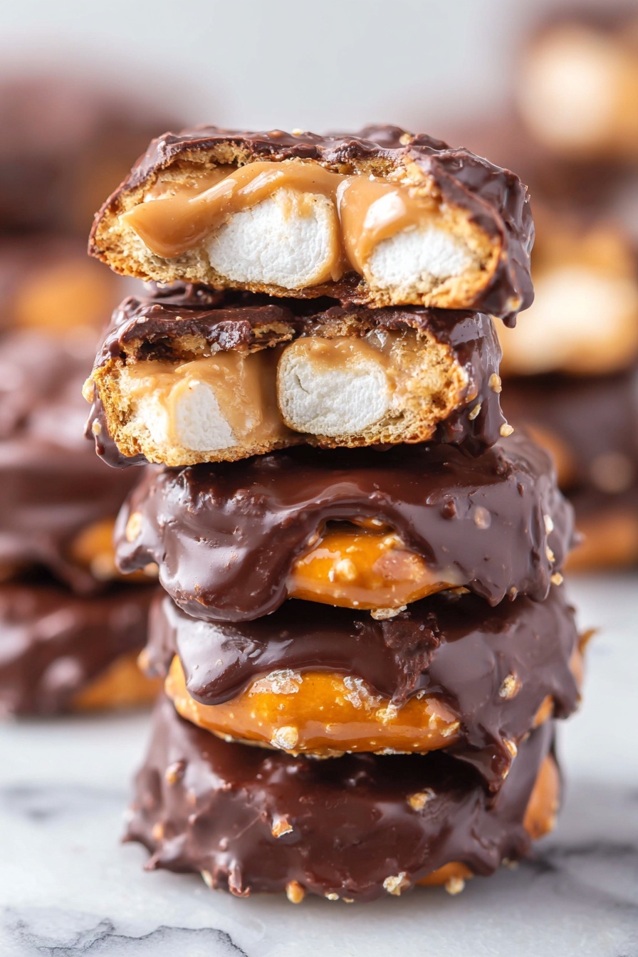 No-Bake Peanut Butter Pretzel Bites, easy no-bake snacks, salty sweet treats, quick dessert ideas, chocolate peanut butter bites - A close-up view of a stack of six candy pieces, each composed of a golden brown pretzel base with a shiny, smooth peanut butter layer on top, partially covered in thick, dark chocolate that has a glossy finish. The top candy piece is broken in half, showing the light, slightly crumbly peanut butter and white marshmallow pieces inside, with chocolate coating dripping slightly over the edges. The stack sits on a surface with a white marbled texture, and the background is softly blurred to keep the focus on the candy. photo taken with an iphone --ar 2:3 --v 7