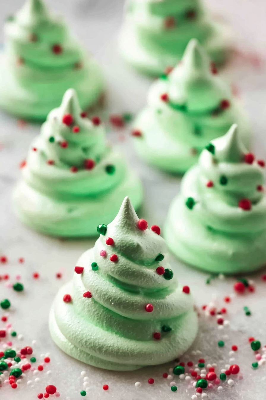 Green Christmas Meringues Best Christmas Meringues Festive Holiday Meringue Treats Easy Holiday Desserts - The image shows several small, bright green meringue cookies shaped like Christmas trees. Each tree has three distinct swirled layers stacked on top of each other, with a smooth, slightly shiny texture. The cookies are decorated with round red, green, and white confetti sprinkles scattered over them and around them on the white marbled surface beneath. The focus is on the front row of cookies, with some in the background softly blurred. photo taken with an iphone --ar 2:3 --v 7