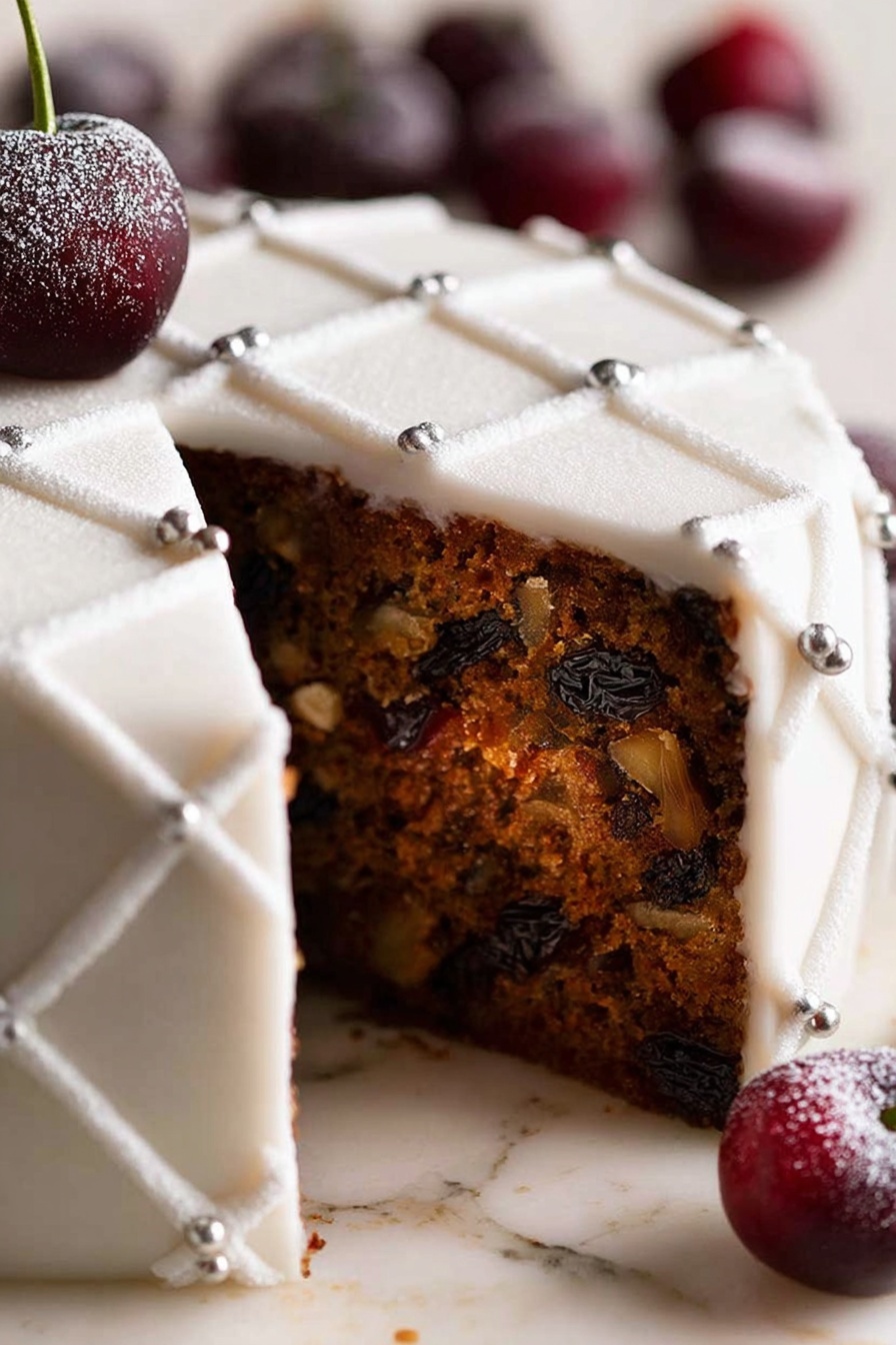 Festive Moist Fruit Cake, holiday fruit cake, moist fruit cake recipe, Christmas cake, festive dessert - The image shows a round cake with one slice removed, revealing a dark, dense inner layer filled with bits of fruit or nuts. The cake is covered in a smooth, white fondant layer decorated with a quilted pattern made by small edible pearls at the intersections. On top, there is a pile of fresh cherries with stems, lightly dusted with white powder, some of which have fallen beside the cake. The cake sits on a round board placed on a cloth, all set on a white marbled surface. The background is softly blurred with warm tones, giving a cozy feeling. Photo taken with an iphone --ar 2:3 --v 7