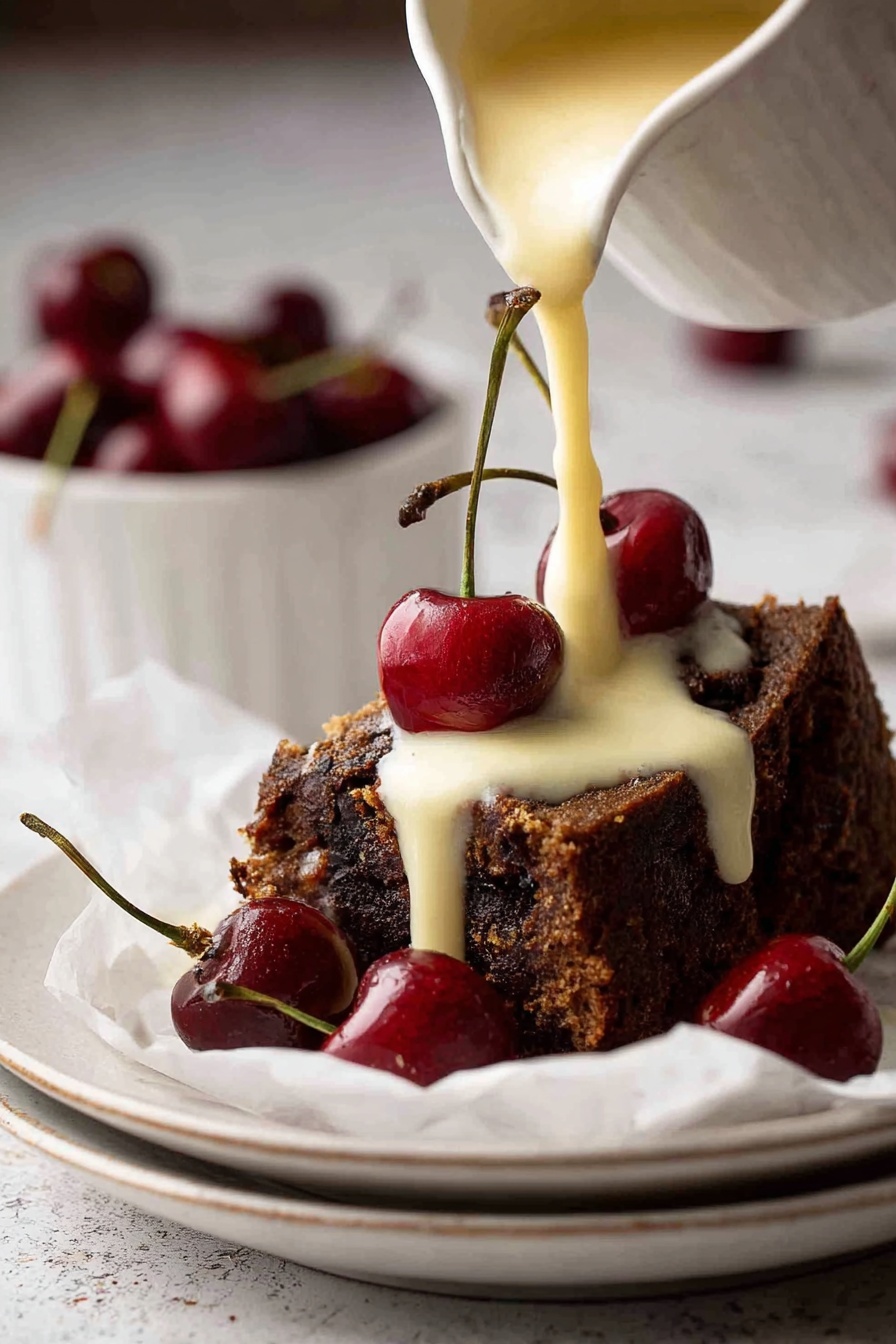 Festive Moist Fruit Cake, holiday fruit cake, moist fruit cake recipe, Christmas cake, festive dessert - A close-up image of a slice taken out of a round cake covered in smooth white icing decorated with a diamond pattern and small silver pearls at the intersections. The cake inside looks dense and dark brown with visible bits of nuts and dried fruits throughout. The top of the slice is topped with a dark red cherry that has a light dusting of white powder. The background is a white marbled surface with more dark red cherries slightly out of focus in the back. Photo taken with an iphone --ar 2:3 --v 7