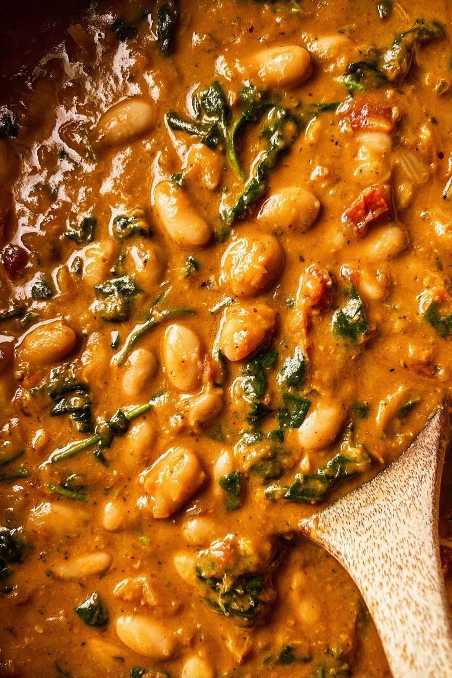 Creamy Vegan Butter Bean Curry, vegan butter bean curry recipe, plant-based butter bean curry, dairy-free creamy curry, easy vegan curry ideas - A close-up view of a thick, creamy stew with an orange-brown color, filled with large white beans and small green leafy pieces scattered throughout. The texture is smooth with some chunks of food visible, and there are hints of red from small tomato chunks. A wooden spoon is partially dipped into the stew on the right side of the image, showing the rich consistency. The background is a white marbled texture. photo taken with an iphone --ar 2:3 --v 7