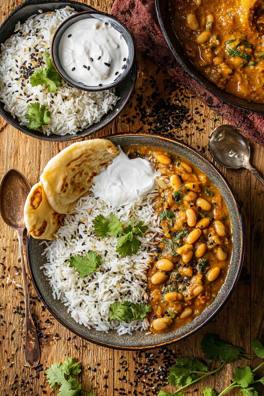Creamy Vegan Butter Bean Curry, vegan butter bean curry recipe, plant-based butter bean curry, dairy-free creamy curry, easy vegan curry ideas - A bowl with two main layers: on the left side, white rice topped with small black seeds and green cilantro leaves, and on the right side, thick orange curry filled with chickpeas and herbs, also sprinkled with green cilantro leaves. At the front, a dollop of white yogurt cream sits between the rice and curry. A piece of flatbread leans on the bowl's edge. Nearby, there is another small bowl of white rice with black seeds and cilantro, and above, a small container holds more white yogurt cream. A large pan of curry is visible in the top right corner. Everything rests on a wooden surface with scattered black seeds and cilantro pieces, with an old spoon beside the main bowl. Photo taken with an iphone --ar 2:3 --v 7