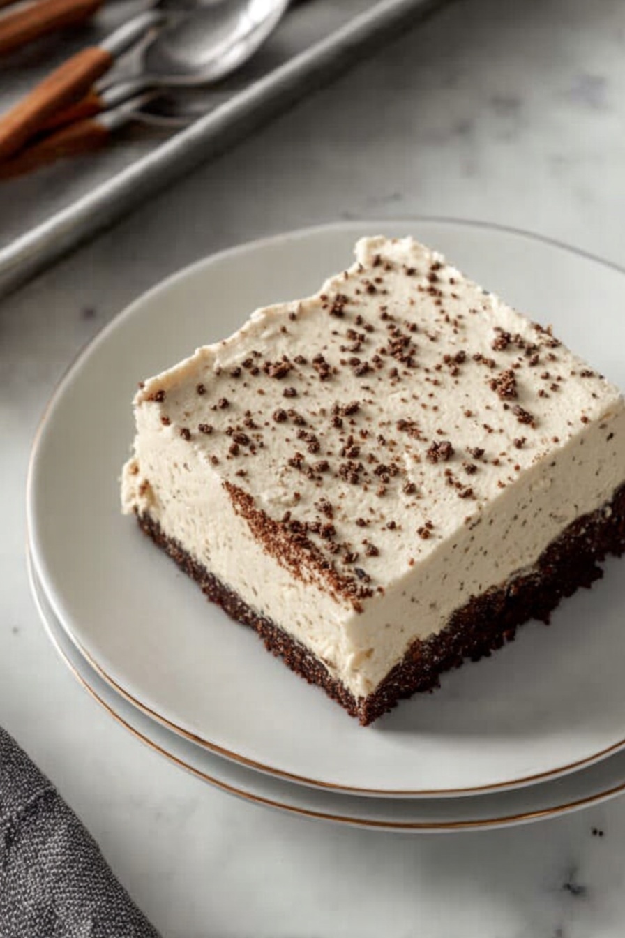 Dark Chocolate Espresso Cake without recipe, decadent chocolate cake, espresso dessert, brown butter frosting recipe, rich chocolate cake with espresso - A close-up of a square piece of chocolate cake being held by a woman's hand with a knife, the cake has two layers: a dark, moist-looking chocolate base and a thick, creamy light beige frosting on top. The frosting is sprinkled lightly with small brown bits and has piped swirls at the edges. The piece is lifted above a metal baking pan filled with the same cake, showing the layers clearly and the smooth, decorated frosting surface underneath. The background shows a white plate with another piece of cake and a white marbled surface. Photo taken with an iphone --ar 2:3 --v 7