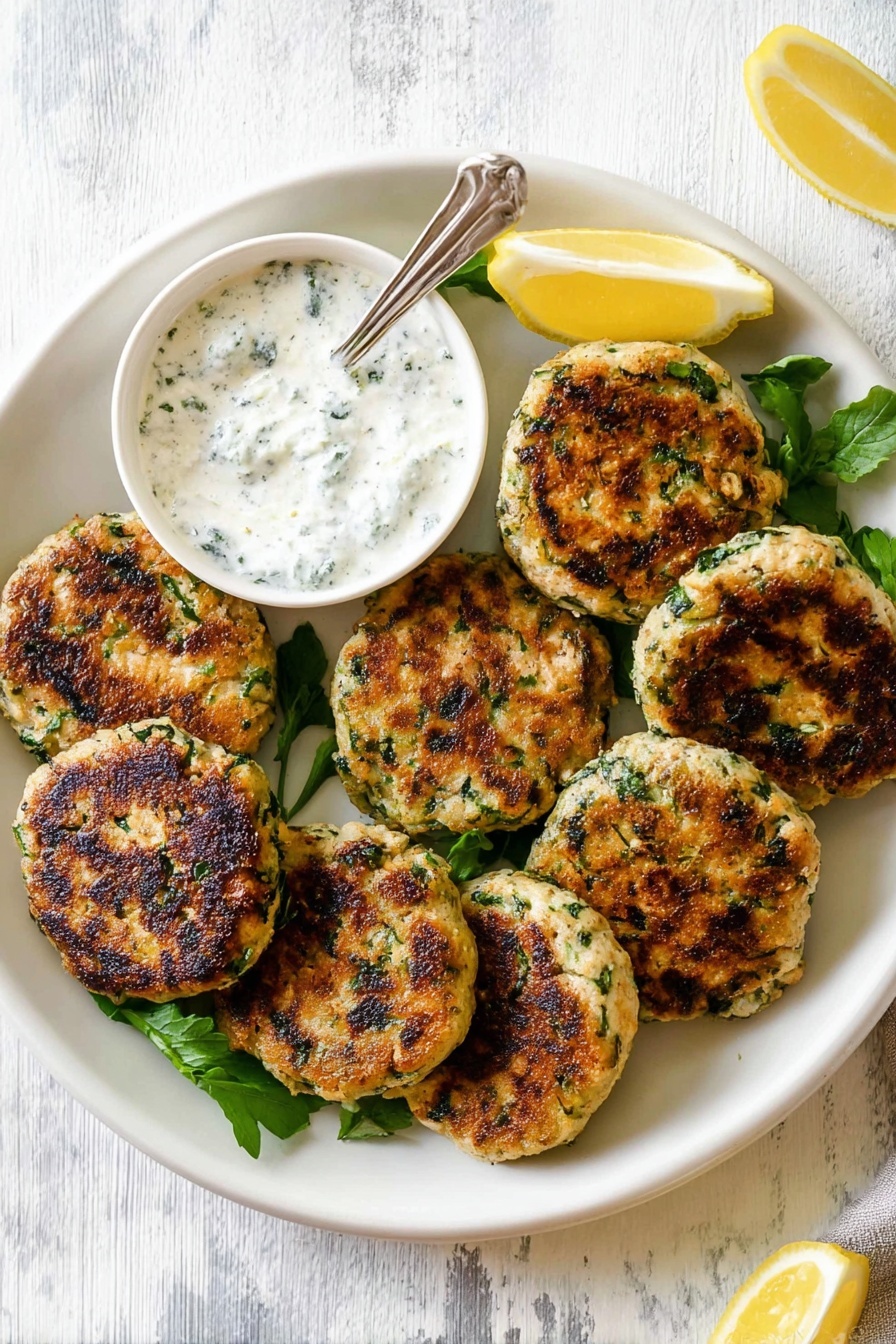 Mediterranean Chicken Patties, healthy chicken patties, easy Mediterranean dinner, flavorful chicken recipes, Mediterranean ground chicken - A round white plate on a white marbled surface holds seven golden-brown patties with visible green herb bits inside, arranged in a slightly overlapping circle. At the top left of the plate, a small white bowl filled with a creamy white sauce mixed with green herbs sits with a spoon inside. A lemon wedge is placed at the top right edge of the plate, adding a touch of bright yellow. Fresh green herb leaves are scattered underneath some patties for decoration. Photo taken with an iphone --ar 2:3 --v 7