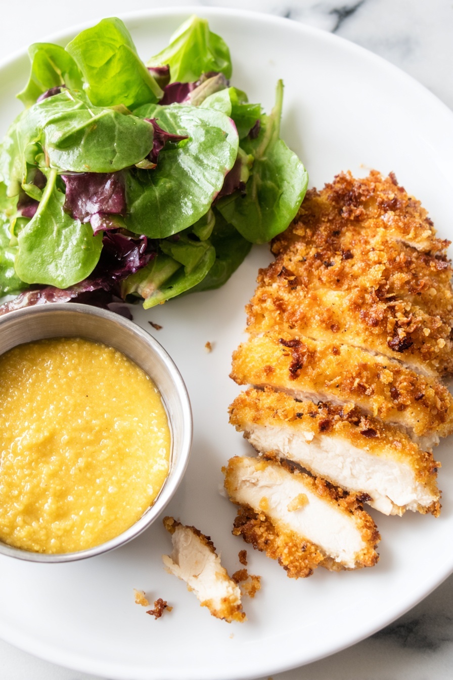 Air Fryer Parmesan Crusted Chicken, crispy chicken, easy chicken recipes, healthy chicken dinner, quick dinner ideas - A white plate with three main parts: on the right, a sliced golden brown crispy breaded chicken, showing white meat inside with some crumbs scattered around; at the top left, fresh green and purple leafy salad with soft, wavy leaves; at the bottom left, a small metal bowl filled with a thick, yellow creamy sauce that has a slightly grainy texture. The plate is on a white marbled surface. Photo taken with an iphone --ar 2:3 --v 7