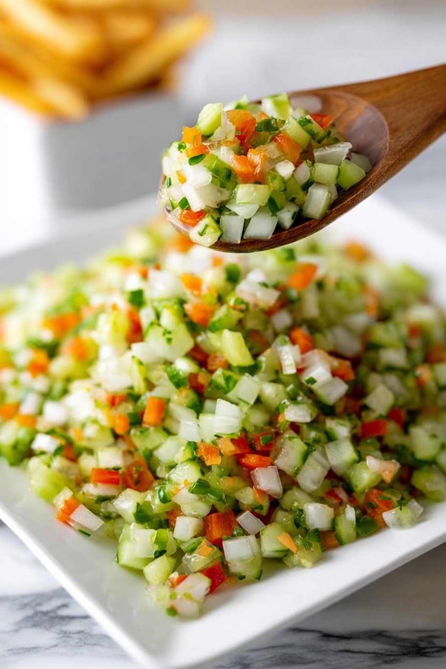 Dill Pickle Salsa, tangy salsa recipe, crunchy pickle salsa, fresh salsa with dill pickles, easy pickle salsa - A close-up image of a white square plate filled with finely chopped vegetables arranged in a loose pile. The vegetables include small cubes of green cucumber, white onion, and bright orange carrot, creating a colorful mix. A wooden spoon is lifting a portion of the chopped vegetables above the plate, showing texture and freshness. The plate is set on a white marbled surface, and a blurred container of fries is seen in the background on the right. Photo taken with an iphone --ar 2:3 --v 7