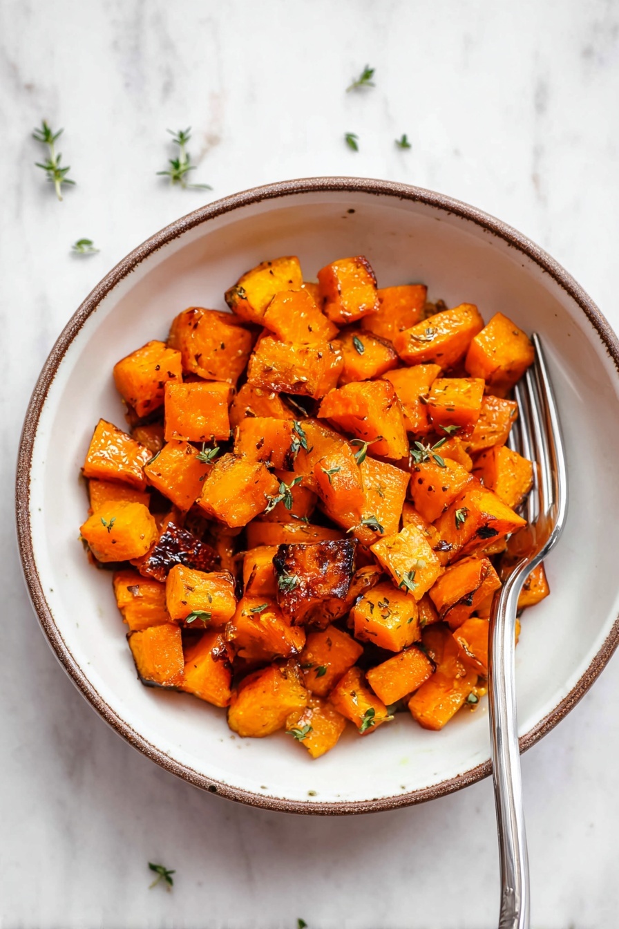 Roasted Butternut Squash with Brown Butter, butternut squash side dish, roasted squash recipe, buttery roasted vegetables, cozy fall vegetable recipes - The image shows a white bowl with a thin brown rim filled with small cubed roasted orange vegetables, likely sweet potatoes or butternut squash, some pieces have browned edges for a slightly charred look. The roasted cubes are shiny with a light glaze and sprinkled with small green herb leaves, possibly thyme, scattered across both the bowl and the white marbled surface underneath. A silver fork with a simple design is placed inside the bowl resting on the right side among the vegetables. The overall presentation has warm orange and green tones set against the clean white bowl and white marbled texture background. photo taken with an iphone --ar 2:3 --v 7