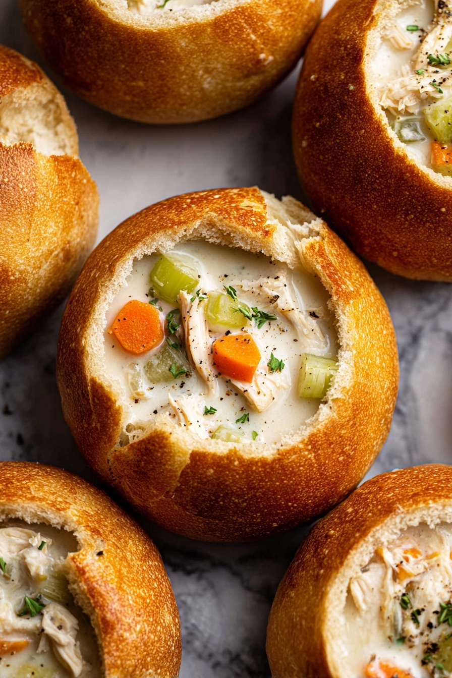 Creamy Chicken Noodle Soup, hearty chicken soup recipe, easy creamy chicken noodle soup, comforting chicken soup, best chicken noodle soup - The image shows a close-up of several round bread bowls with golden-brown crusts, each filled with creamy white chicken soup. The soup inside has visible layers of lightly cooked orange carrot slices, pale green celery pieces, and white shredded chicken, topped with small sprigs of green herbs and a bit of black pepper. The bread bowls have their tops removed and placed nearby, showing the soft white interior of the bread. The arrangement is set on a surface with a white marbled texture. photo taken with an iphone --ar 2:3 --v 7