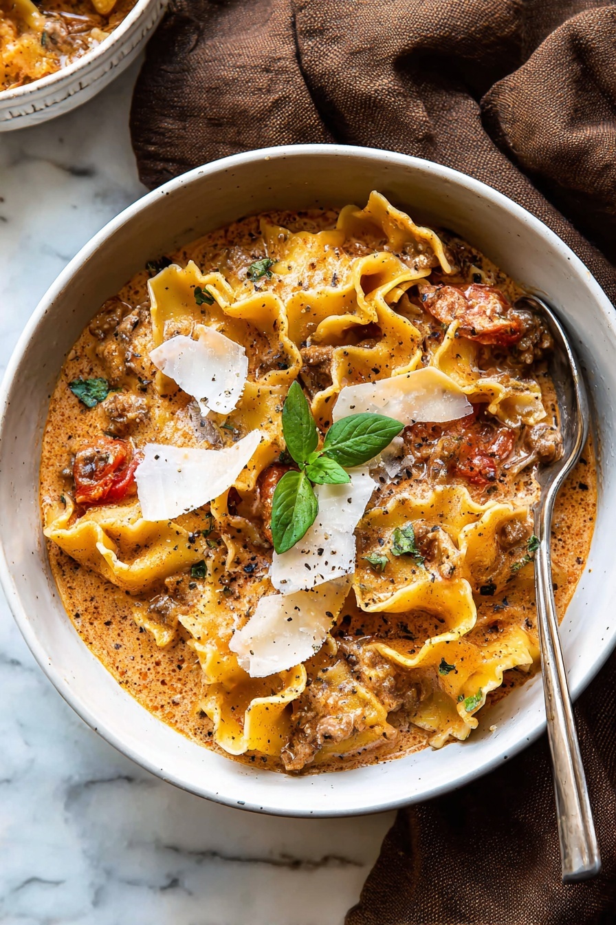 Spicy Lasagna Soup, lasagna soup, spicy soup recipes, comforting tomato soup, easy weeknight dinner - A white bowl filled with a creamy tomato pasta soup showing three layers: the first layer is a light orange creamy broth with small chunks of red tomatoes and herbs mixed throughout, the second layer features large, wavy-edged lasagna noodles partially submerged and curling at the edges in yellow tones, and the top layer is sprinkled with thin white cheese shavings and small green herb leaves scattered across the surface. The bowl sits on a light brown fabric, with a blurred background that hints at a dark wooden table and a metallic pot with dark liquid nearby. Photo taken with an iphone --ar 2:3 --v 7