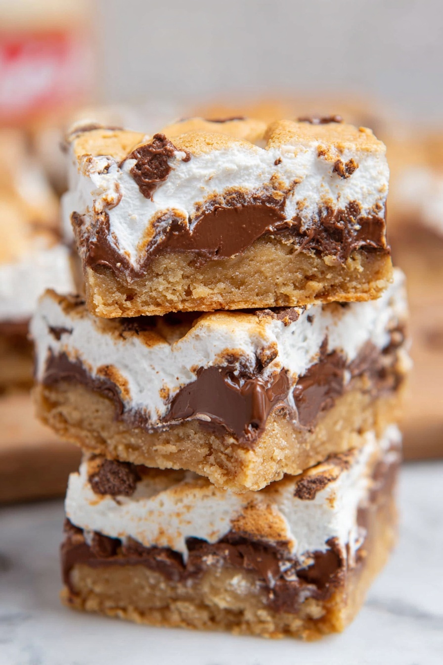 Gooey Cookie Butter S'mores Blondies, cookie butter blondies, s'mores dessert, easy blondie recipes, chewy marshmallow blondies - A close-up top view of a rectangular white tray lined with shiny silver foil, filled with a thick layer of light brown mixture that looks wet and unevenly spread, with bubbles and small lumps visible across the surface, giving it a textured look. The tray is placed on a white marbled surface, with a cracked eggshell piece partially visible near the top right corner. The photo taken with an iphone --ar 2:3 --v 7