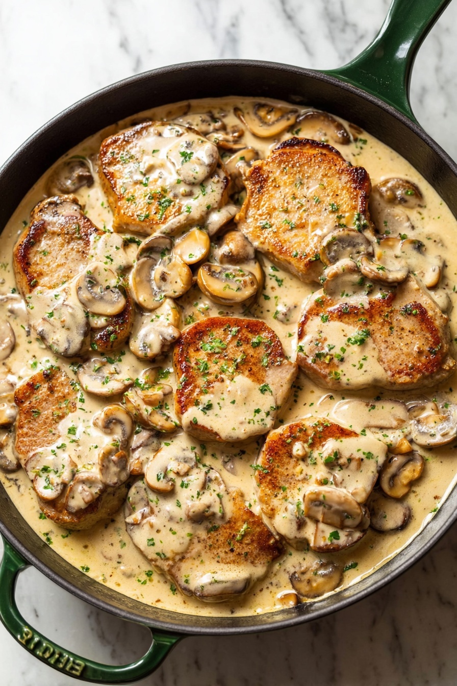 Creamy Mushroom Pork Tenderloin, Pork Tenderloin with Mushroom Sauce, Easy Pork Tenderloin Recipes, Elegant Pork Dinner Ideas, Quick Pork Recipes - The image shows a black pan with a green handle filled with evenly spaced cooked pork slices in a creamy sauce. The top layer is mushrooms, light to medium brown, floating in a thick, smooth pale beige creamy sauce that covers the pork and fills the pan. The pork slices have a golden brown crust on the edges, with the creamy sauce and mushrooms resting over and around them. Small green bits of chopped herbs are sprinkled across the dish, adding a touch of color contrast. The pan sits on a white marbled surface. Photo taken with an iphone --ar 2:3 --v 7