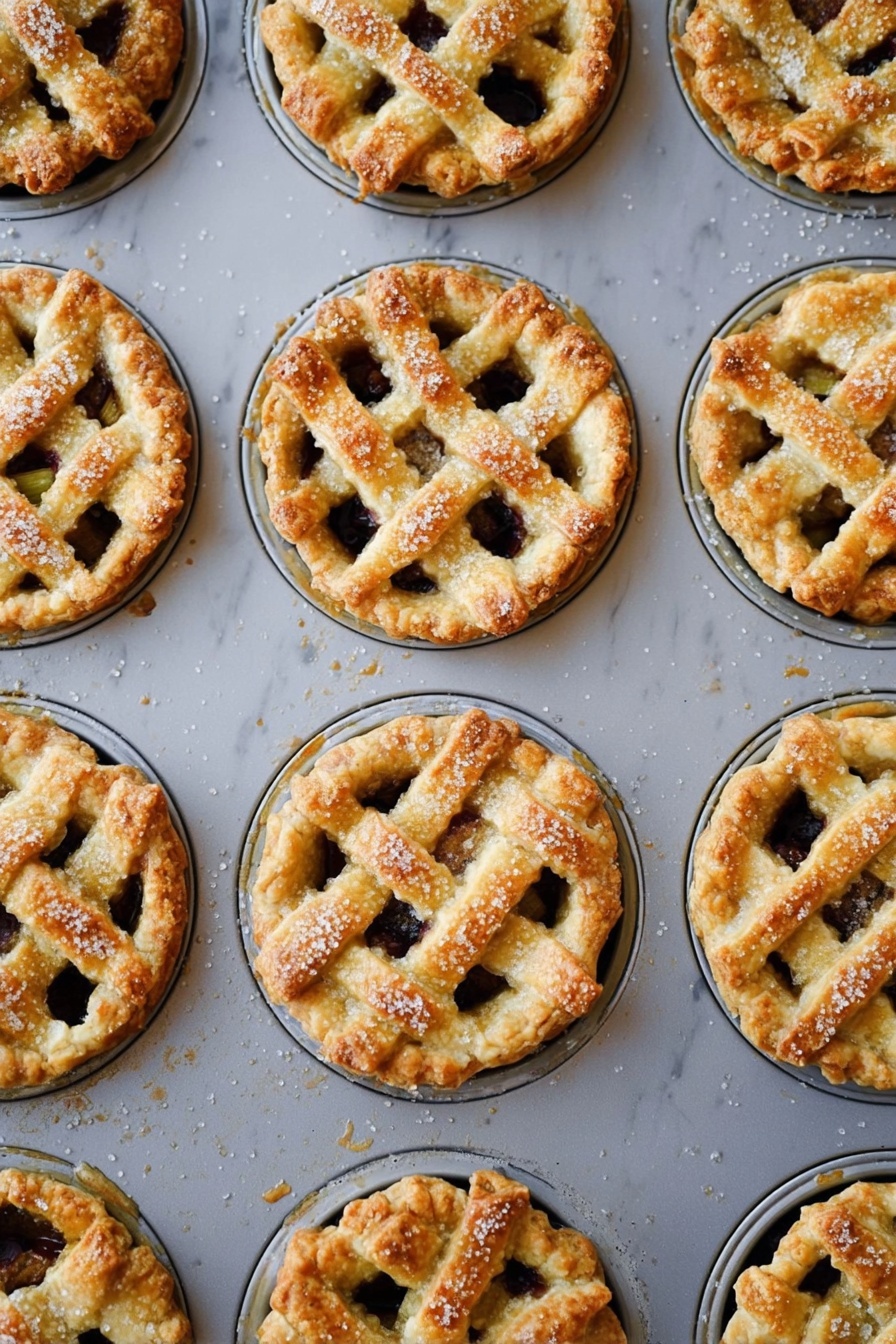 Mini Apple Pies in Muffin Tins, bite-sized apple pies, homemade mini apple pies, easy apple pie desserts, individual apple pies - The image shows a grey metal muffin tray filled with twelve mini lattice pies. Each pie has a golden-brown crust with crisscrossed dough strips on top, sprinkled with coarse sugar that sparkles. The lattice crusts are uneven in thickness but all have a soft, flaky texture with slightly browned edges. Inside, the filling is dark, peeking through the lattice gaps. The pies look freshly baked and are still in the muffin tray on a white marbled surface. Photo taken with an iphone --ar 2:3 --v 7
