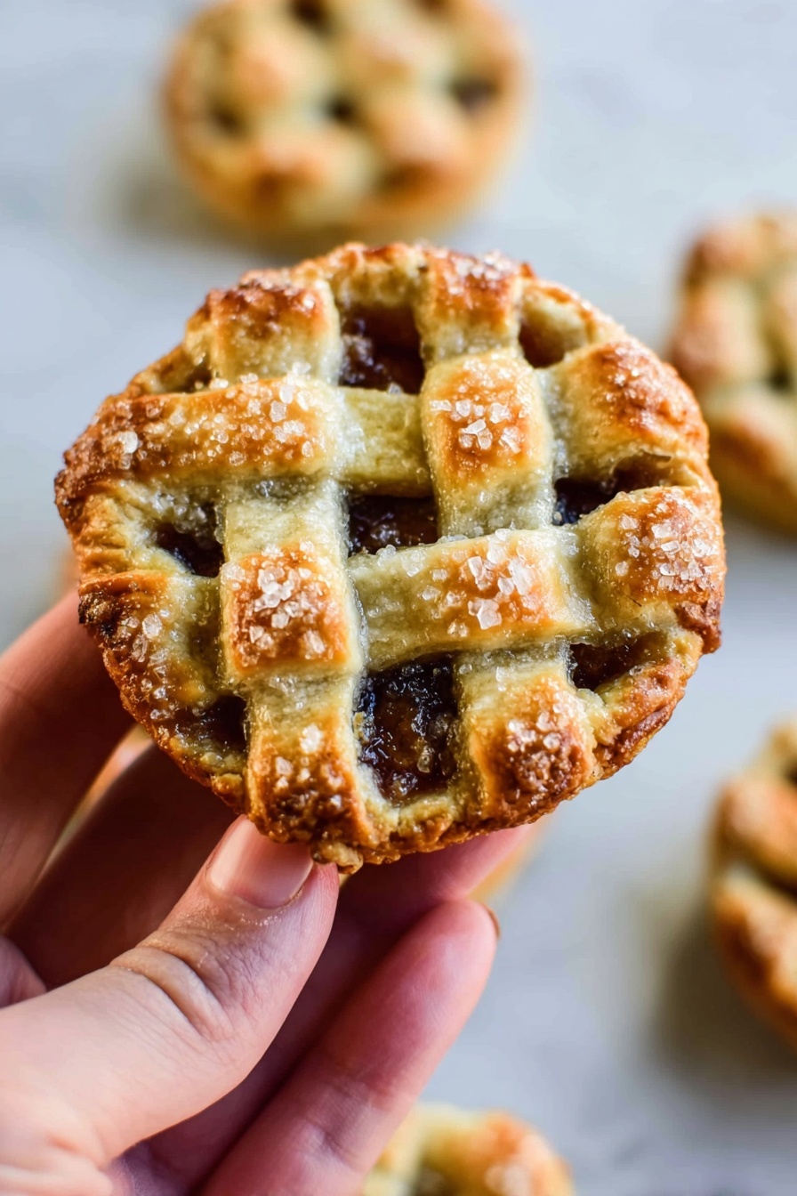 Mini Apple Pies in Muffin Tins, bite-sized apple pies, homemade mini apple pies, easy apple pie desserts, individual apple pies - A close-up of a small round pie held by a woman's hand with a golden-brown crust woven into a lattice pattern on top. The crust is sprinkled with coarse sugar crystals that catch the light, giving a crunchy texture look. Under the lattice, dark fruit filling peeks through the gaps. The pie rests above a white marbled surface with more similar pies blurred in the background, showing their even layer of golden crust and sugar topping. photo taken with an iphone --ar 2:3 --v 7