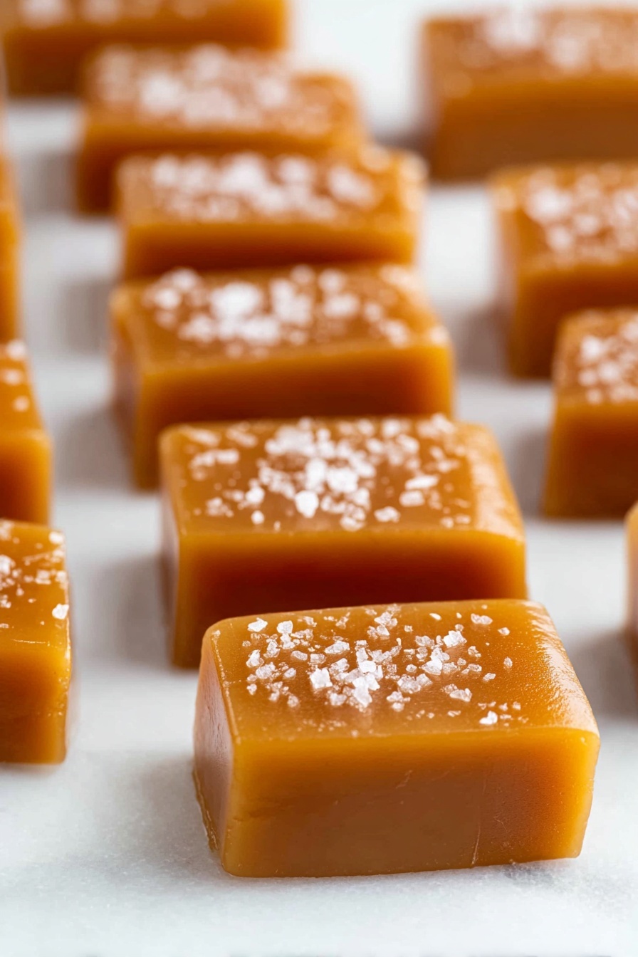 Homemade Salted Caramels, salted caramel recipe, easy caramel candies, homemade caramel treats, salted caramel dessert - The image shows several small rectangular caramel pieces arranged in neat rows on a piece of white parchment paper. Each caramel piece is smooth and shiny with a rich light brown color and is sprinkled with small white salt flakes on top, giving a textured look. The caramels sit on a white marbled surface, adding a clean and bright background to the image. The photo is taken up close, showing the glossy and soft texture of the caramels clearly. photo taken with an iphone --ar 2:3 --v 7