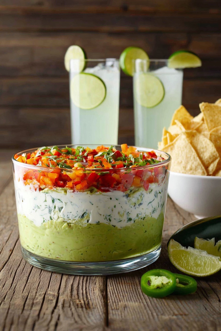 Guacamole with Creamy Cotija and Confetti Salsa, easy guacamole dip, festive party dip, Mexican-inspired chip dip, fresh salsa with cotija cheese - A clear glass bowl sits on a wooden table with three distinct layers of dip inside: the bottom layer is smooth green guacamole, the middle layer is a creamy white sour cream mix with herbs, and the top layer is a colorful mix of finely chopped red tomatoes, orange bell peppers, and green herbs. Behind the bowl, two clear glasses filled with a light green drink garnished with lime slices are placed, along with a tall white bowl filled with light yellow tortilla chips. Lime wedges and a halved green jalapeño pepper lie on the table next to the bowls. The background features a dark wooden wall, and the surface is replaced with a white marbled texture. photo taken with an iphone --ar 2:3 --v 7