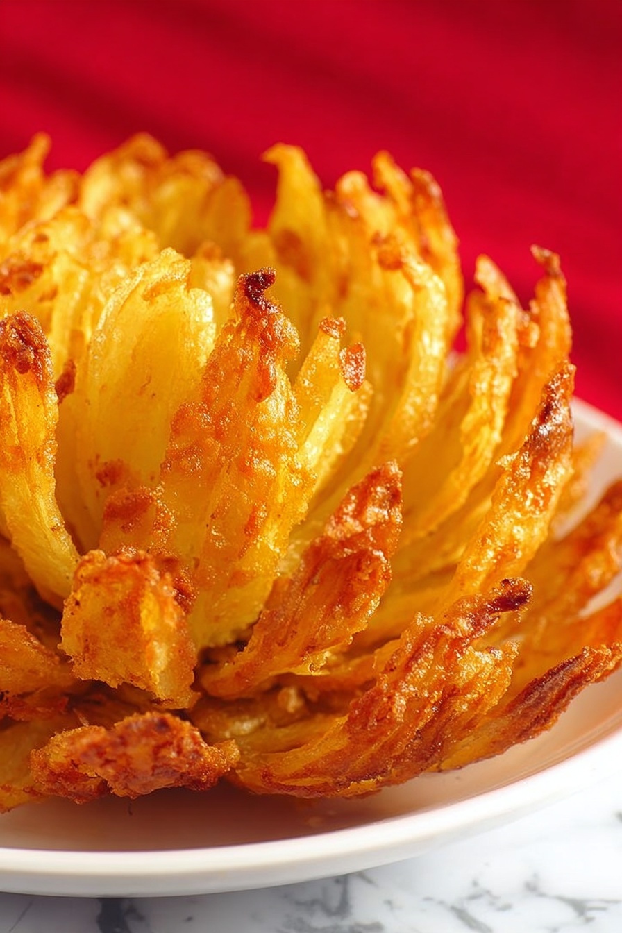 Crispy Blooming Onion, blooming onion appetizer, crispy fried onion, onion flower appetizer, crunchy onion dip - The image shows a close-up of a blooming onion, with many thick, crispy, golden-yellow petal-like layers fanning out from the center on a white plate. Each layer has a crunchy texture with a slightly rough surface, and the edges are darker golden brown, showing it is fried. The background has a bright red cloth and a white marbled surface that contrasts with the warm tones of the onion. The photo taken with an iphone --ar 2:3 --v 7