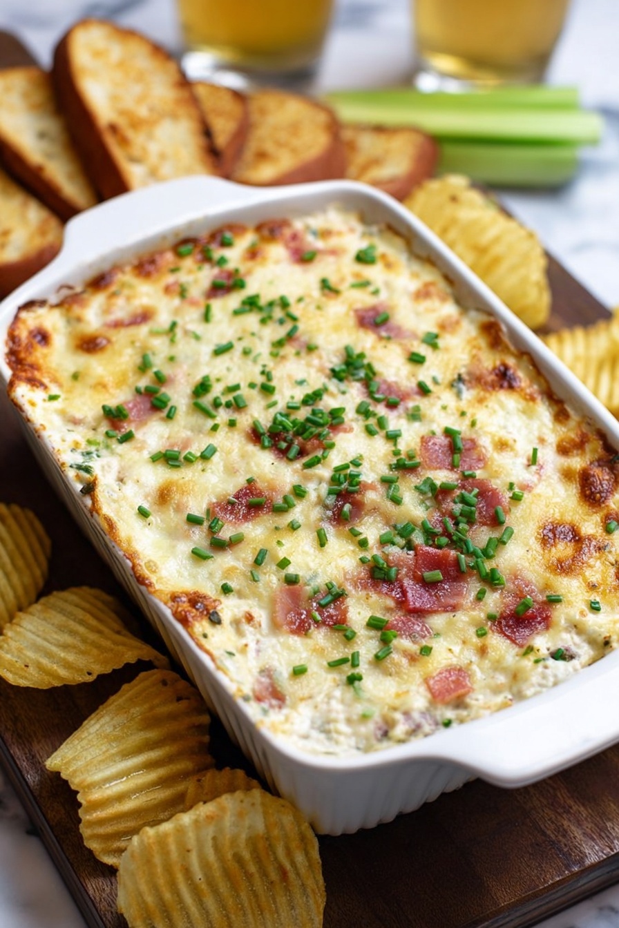 Baked Bacon Blue Cheese Dip, Bacon Blue Cheese Dip, Blue Cheese Dip Recipe, Creamy Bacon Appetizer, Easy Party Dip - A white rectangular baking dish holds a creamy baked dip with a golden-brown top sprinkled generously with bright green chopped chives. The dip’s surface is bubbly and slightly browned in spots, showing a rich, cheesy texture mixed with small bits of bacon or similar ingredients. The dish sits on a wooden board alongside golden toasted bread slices and several ridged potato chips, with a blurry green celery stick and a glass of beer in the background, all placed on a white marbled surface. photo taken with an iphone --ar 2:3 --v 7