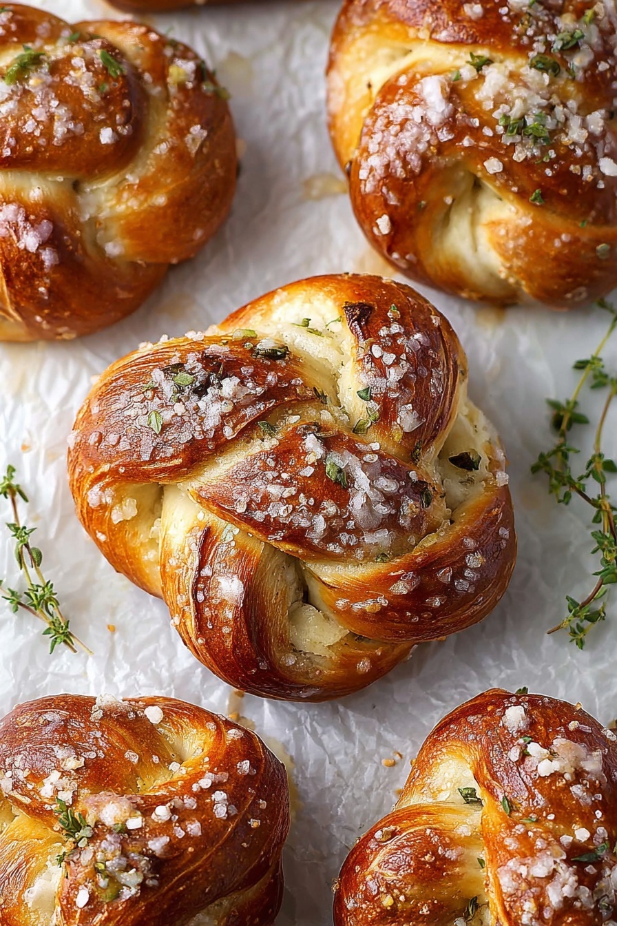 Mozzarella Stuffed Rosemary Soft Pretzels, cheese stuffed pretzels, rosemary savory pretzels, homemade soft pretzels with cheese, cheesy herb soft pretzels - The image shows four golden-brown knotted bread rolls with a soft, slightly shiny top layer that is speckled with small green herb bits and a light dusting of white powder. Each roll has thick dough twisted into a knot shape, revealing a creamy white filling inside the folds, contrasting with the golden crust. The rolls rest on a beige baking mat with a red border, placed on a white marbled surface that has a few fresh rosemary sprigs scattered around. The texture of the bread looks fluffy inside and crisp on the outside, with some uneven browning adding a homemade feel. photo taken with an iphone --ar 2:3 --v 7