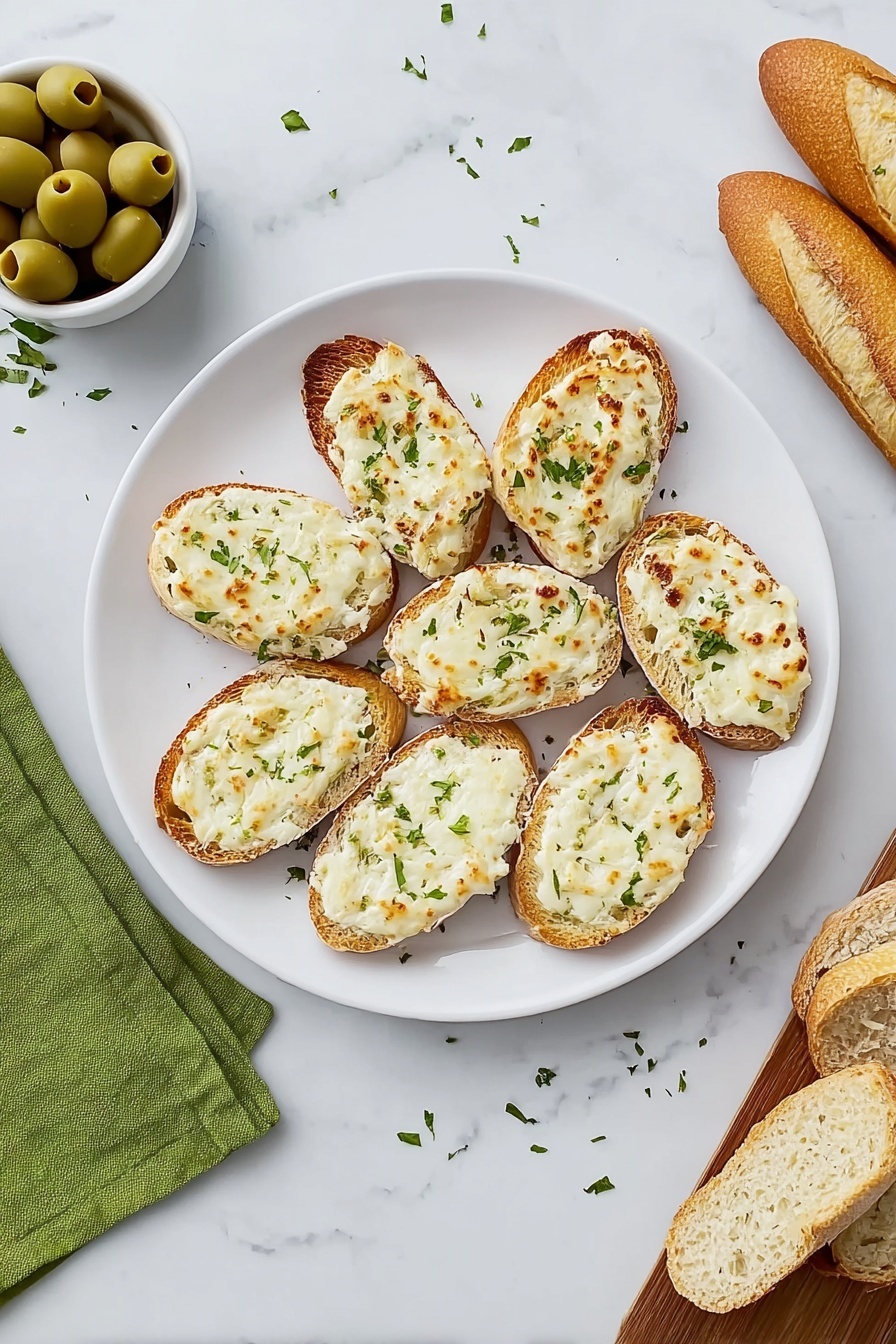 Cheesy Artichoke Bruschetta, cheesy appetizer recipes, artichoke dip ideas, easy party appetizers, starter recipes for gatherings - A white plate holds eight slices of toasted bread arranged in a circle, each topped with a creamy white spread that has a slightly browned and bubbly texture on top, sprinkled with small green herb pieces. The toast's crust is light brown and crisp. The plate rests on a white marbled surface. Nearby, a green cloth napkin has scattered parmesan flakes and two baguette slices placed on a small wooden board next to a white bowl of sliced green olives. Photo taken with an iphone --ar 2:3 --v 7