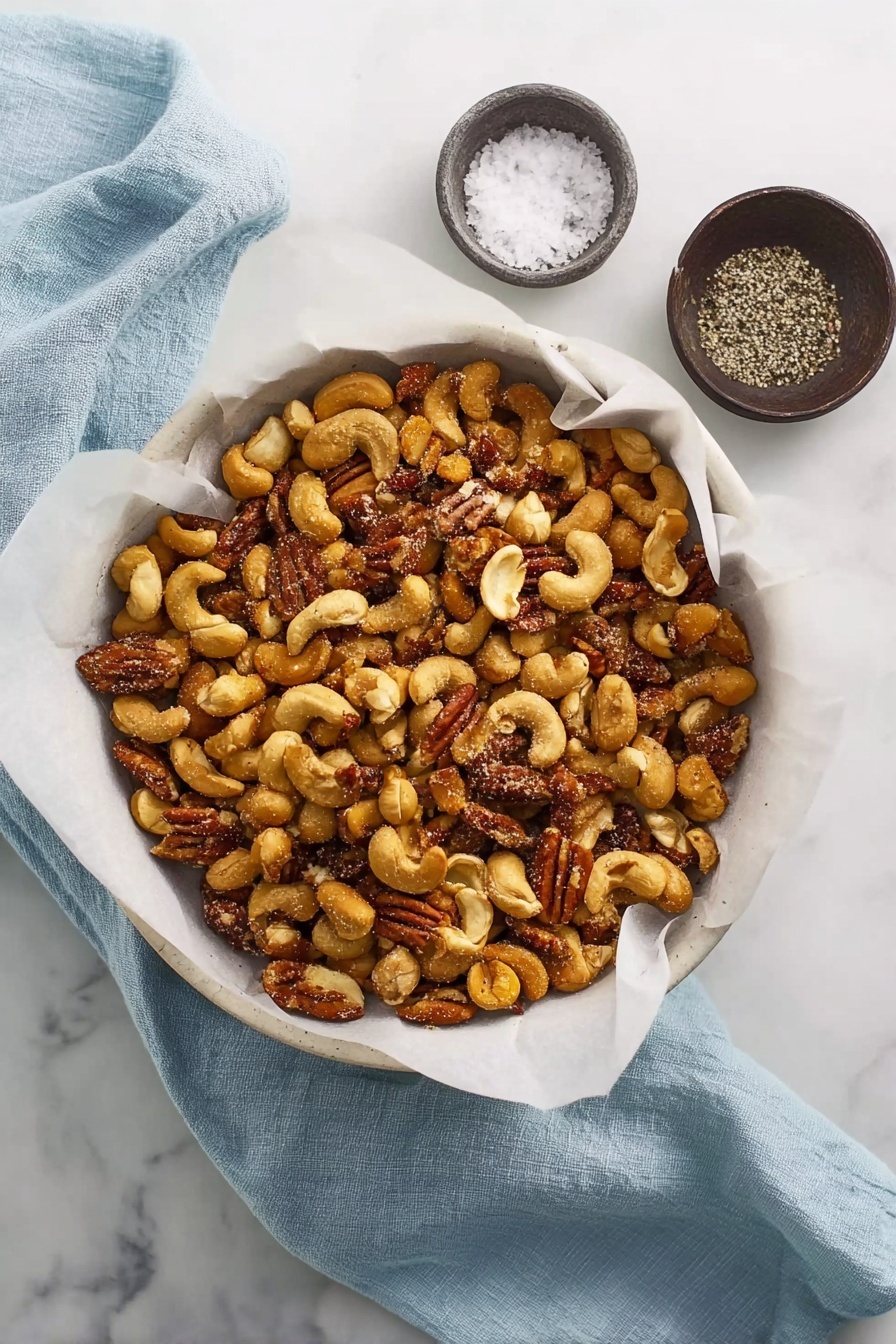 Spiced Oven-Roasted Nuts, spiced nut recipe, crunchy roasted nuts, easy nut snacks, homemade spiced nuts - The image shows a white bowl lined with white parchment paper filled with a mix of roasted nuts including cashews, pecans, and peanuts, all golden brown with a slight shine from oil or seasoning. The nuts are heaped in the bowl, covering the entire surface. Next to the bowl is a small dark bowl with coarse salt and black pepper. A soft light blue cloth is casually placed on the white marbled surface beside the bowl. The scene looks clean and simple with natural daylight. photo taken with an iphone --ar 2:3 --v 7