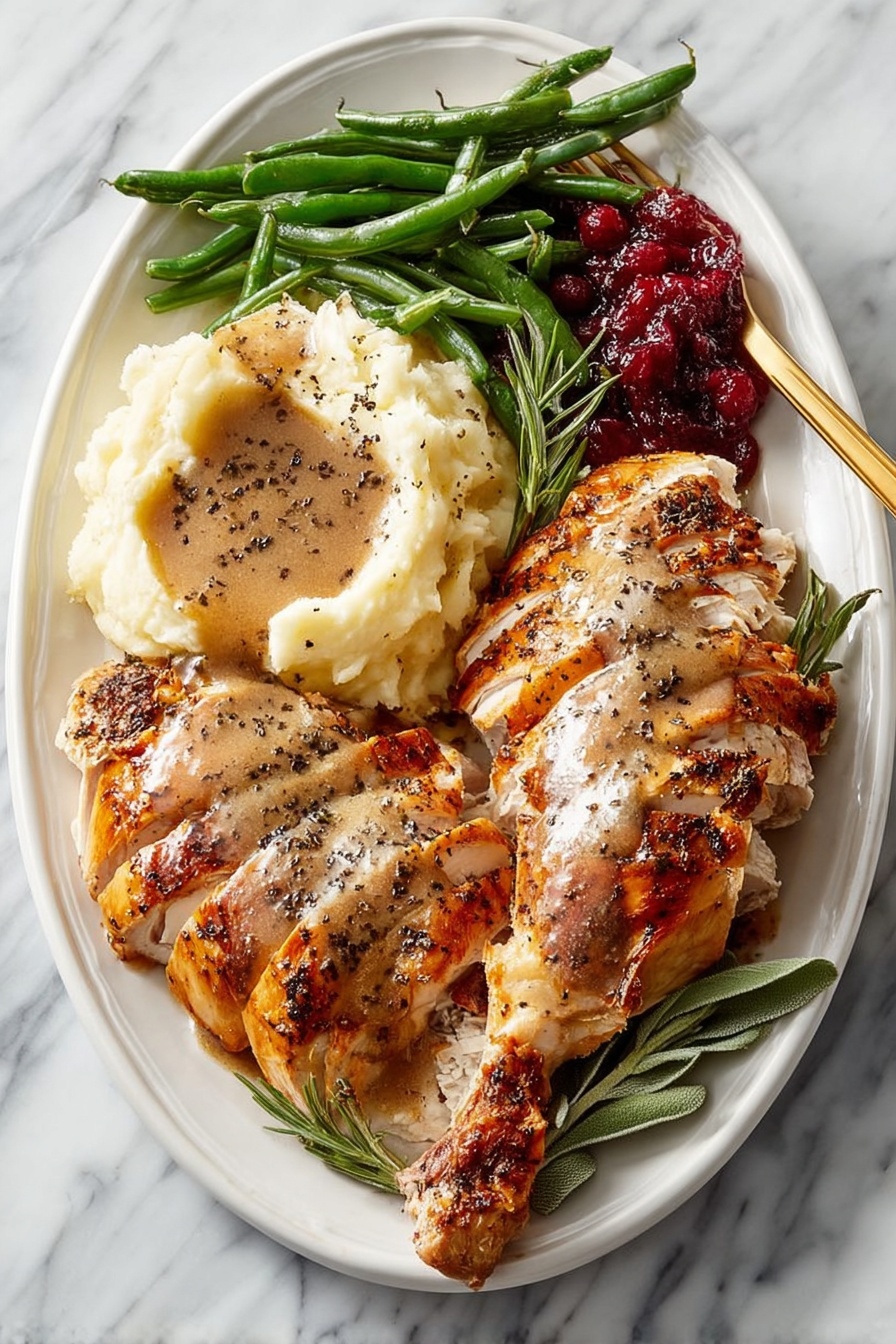 Herb Butter Roast Turkey, Roast Turkey with Herb Butter, Juicy Roast Turkey, Crispy Skin Roast Turkey, Easy Roast Turkey Recipe - A white plate holds a meal with four parts: on the left, a large scoop of creamy mashed potatoes topped with smooth brown gravy and sprinkled with black pepper; at the top left, a pile of bright green cooked green beans glazed with the same brown gravy; on the top right, a rich, glossy, deep red cranberry sauce with a jelly-like texture; and on the right side, slices of golden-brown roasted chicken with a light crust, generously covered in brown gravy. A gold fork is placed near the potatoes on a white marbled surface. Photo taken with an iphone --ar 2:3 --v 7