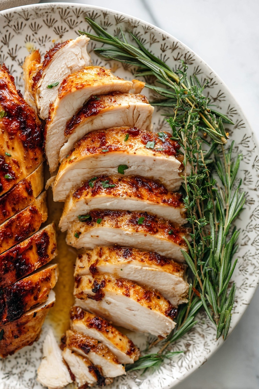 Roasted Turkey Breast with Homemade Gravy, turkey breast roast, homemade gravy recipe, juicy turkey breast, simple holiday turkey - The image shows sliced roasted chicken with golden brown, crispy skin and juicy white meat inside, arranged in two rows on a white patterned plate. The chicken slices have a slightly shiny texture from the glaze and small charred spots. Fresh green rosemary and thyme sprigs are placed on the right side of the plate, adding color and freshness. The plate is set on a white marbled surface. Photo taken with an iphone --ar 2:3 --v 7