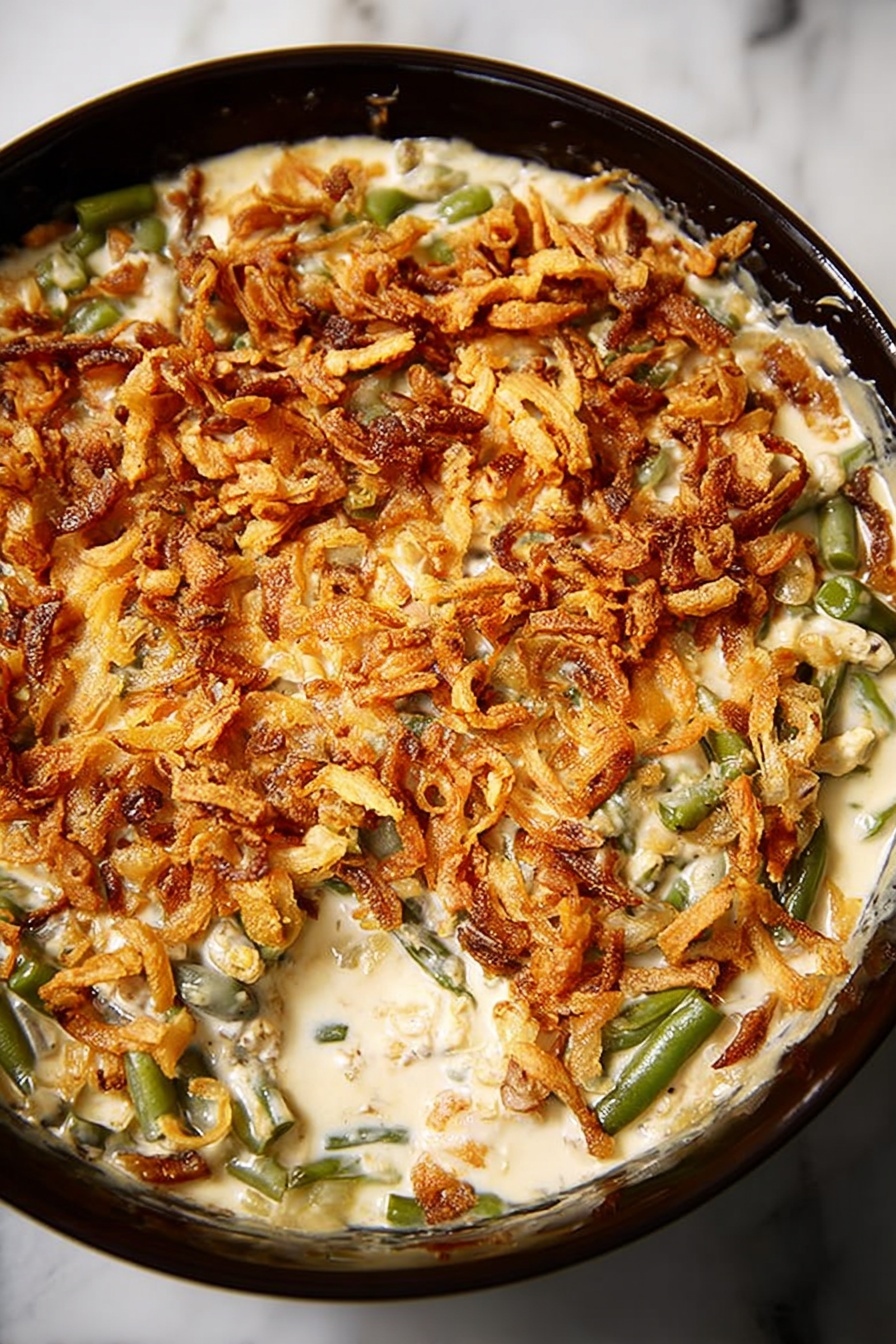 Green Bean Casserole with Bacon and Mushrooms, green bean casserole with bacon and mushrooms, cheesy green bean casserole, bacon mushroom green bean bake, comfort green bean casserole - The dish is a creamy casserole with visible layers of green beans mixed into a thick, light beige sauce. The top layer is covered with crispy golden-brown fried onions scattered unevenly across the surface. A spoon with a red handle is lifting a scoop from the center, showing a mix of green beans, sauce, and fried onions. The casserole is served in a dark round dish placed on a white marbled surface. The texture of the sauce looks smooth and rich, contrasting with the crunchy onion topping photo taken with an iphone --ar 2:3 --v 7