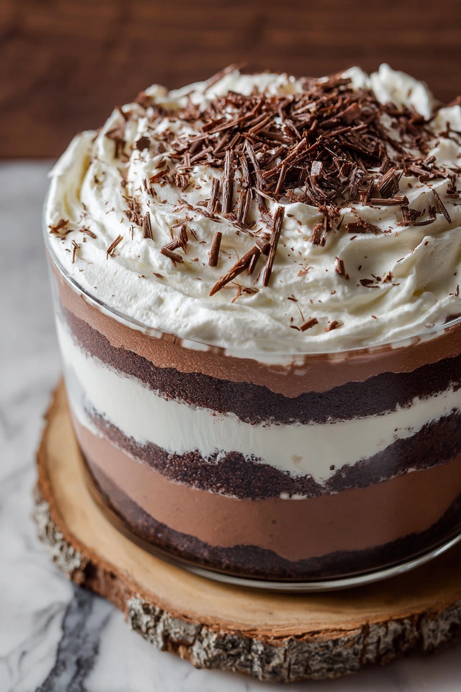 Chocolate Brownie Trifle, Chocolate Brownie dessert, layered brownie trifle, easy chocolate dessert, fudgy brownie trifle - The image shows a tall, round layered cake with three visible layers. The bottom and middle layers are dark brown with a smooth texture, while the middle layer is separated by a thick white cream layer in the center. The top layer is made of white whipped cream with a soft, fluffy texture, decorated with scattered dark chocolate shavings. The cake sits on a light wooden board on a white marbled surface with a soft beige cloth nearby. Photo taken with an iphone --ar 2:3 --v 7