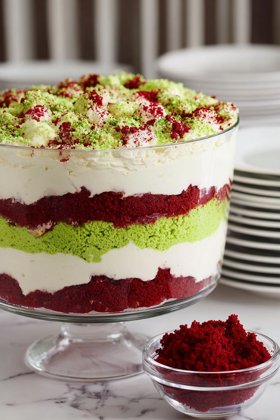 Christmas Red Velvet Trifle, festive Christmas dessert, holiday layered trifle, easy Christmas dessert, red velvet cake trifle - The dish is a layered trifle dessert in a clear glass bowl showing five layers: the bottom layer is deep red crumbly cake, followed by a thick white creamy layer, then a bright green crumbly cake layer, another thick white creamy layer above it, and finally topped with a mix of green and red crumbly cake bits scattered loosely on top. Next to the bowl is a small clear glass bowl filled with deep red cake crumbs. The dish is set on a white marbled surface with a blurred background of some stacked white plates. The textures show soft crumbs and smooth cream clearly. Photo taken with an iphone --ar 2:3 --v 7
