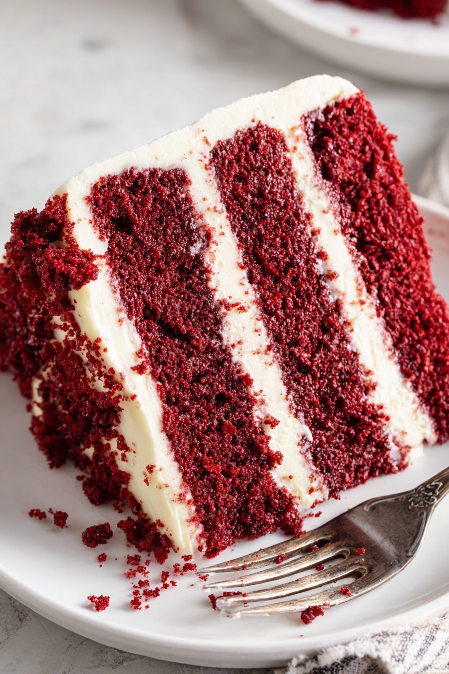 Red Velvet Cake with Cream Cheese Frosting, moist red velvet cake, easy red velvet cake recipe, classic red velvet cake, best cream cheese frosting - A slice of three-layer red velvet cake sits on a white plate, each thick, moist, deep red layer separated by creamy white frosting. The frosting also covers the top and sides, with a slightly rough texture. Red cake crumbs cling to the frosting edges, adding contrast. A silver fork rests on the plate beside the cake. The plate is placed on a white marbled surface. Photo taken with an iphone --ar 2:3 --v 7