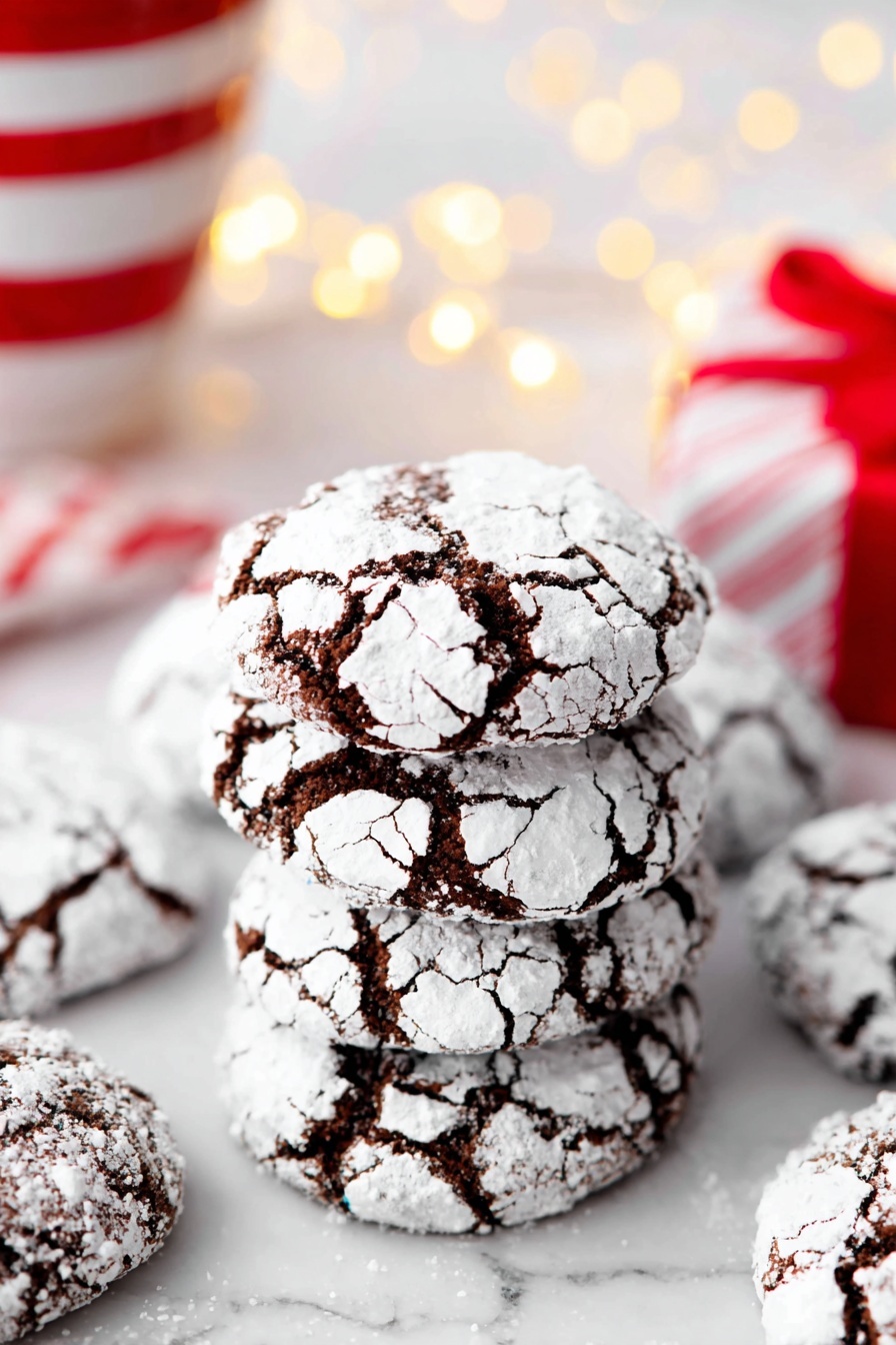 Chewy Chocolate Crinkle Cookies, chocolate crinkle cookies, fudgy cookie recipe, soft chocolate cookies, easy holiday cookies - A white plate holds a pile of dark brown chocolate cookies, each covered in a cracked white powdered sugar layer that creates a cracked pattern on top. The cookies are round and soft-looking, stacked so they overlap slightly. In the background, there is a blurred red and white striped cup and a small red and white wrapped gift, with warm yellow bokeh lights softly glowing on a white marbled surface. The scene feels bright and festive with a cozy holiday mood. photo taken with an iphone --ar 2:3 --v 7