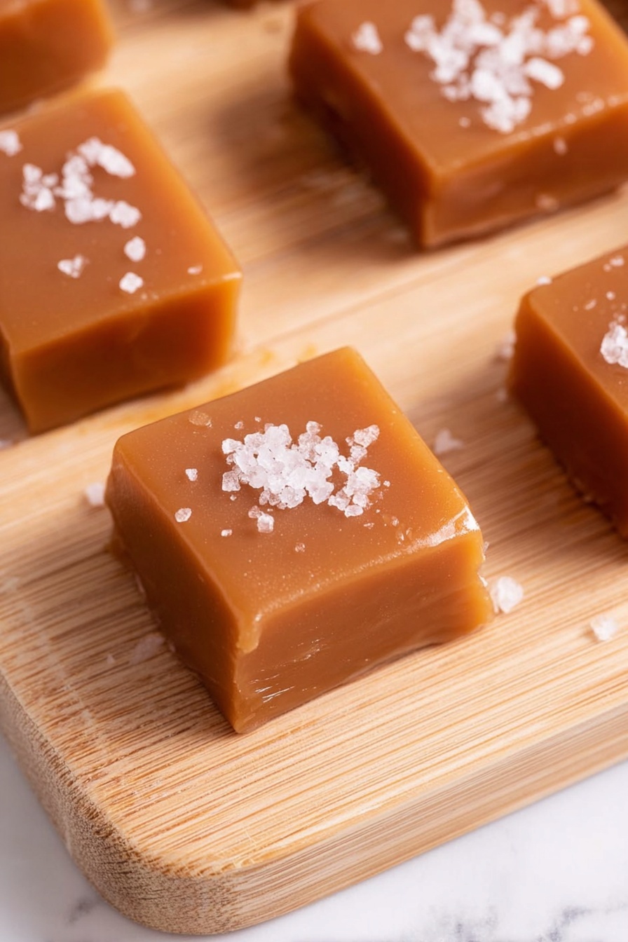 Apple Cider Caramels, fall caramel treats, homemade caramel candies, spiced caramel recipes, cozy autumn sweets - The image shows several square caramel candies placed on a light wood cutting board. Each caramel is smooth and glossy with a soft brown color and a slightly translucent texture. On top of each caramel are flakes of white sea salt, adding contrast and a rough texture against the smooth surface of the caramel. The candies are arranged close but not touching, and the cutting board has light grain patterns visible. The background is a white marbled texture. photo taken with an iphone --ar 2:3 --v 7