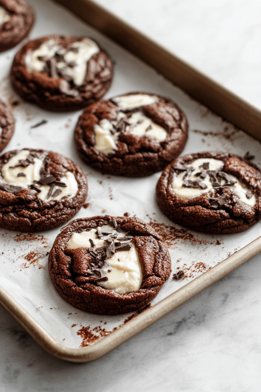 Chocolate Marshmallow Swirl Cookies, chocolate marshmallow cookies, marshmallow swirl cookies, easy chocolate cookie recipe, gooey marshmallow cookies - The image shows a baking tray with a white parchment paper lining, filled with round, soft-looking chocolate cookies. Each cookie has a dark brown base with patches of white creamy filling swirled in the center, some edges slightly cracked, with small pieces of chocolate scattered on top. The tray sits on a white marbled surface, and the cookies are arranged in two rows, some closer to the edge of the tray with crumbs around. The lighting highlights the different textures of the cookies, making the chocolate and cream colors clear and rich. Photo taken with an iphone --ar 2:3 --v 7