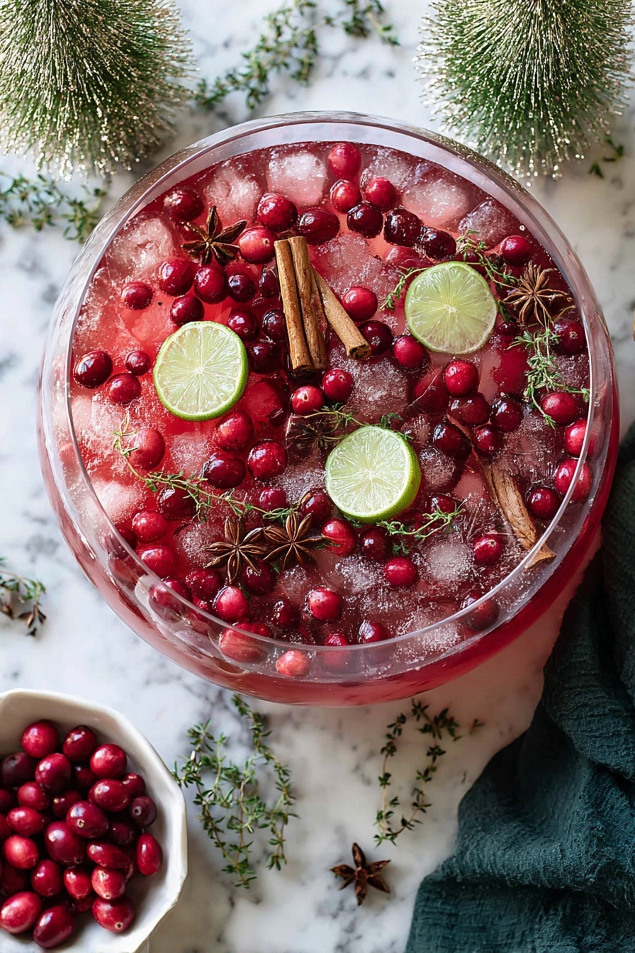 Festive Non-Alcoholic Christmas Punch, non-alcoholic holiday punch, Christmas punch recipe, holiday party drinks, easy Christmas punch - A clear glass bowl filled with a red drink layered with crushed ice, floating whole bright red cranberries, three brown cinnamon sticks, four round green lime slices, small green sprigs resembling thyme, and small star-shaped brown star anise. The bowl sits on a table with a white marbled texture. Nearby, there is a small white bowl filled with red cranberries. Around the bowl, there are small artificial green pine tree decorations and some scattered green sprigs. A dark green cloth is partially visible in the lower right corner. Photo taken with an iphone --ar 2:3 --v 7