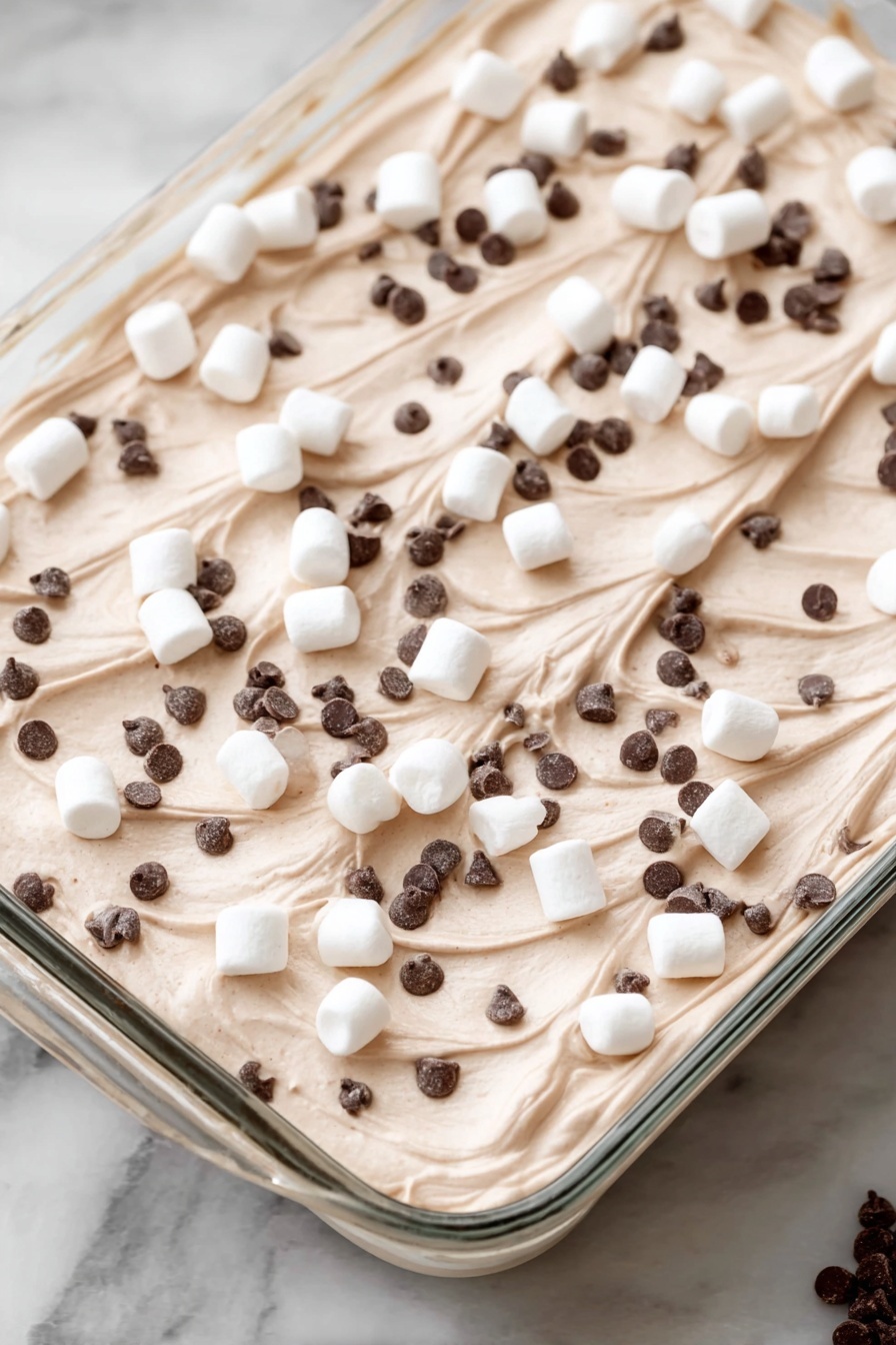 Hot Chocolate Poke Cake, chocolate poke cake, marshmallow poke cake, easy hot chocolate cake, fudgy poke cake - A dessert in a clear rectangular glass dish with one thick layer of light brown creamy mousse or whipped topping, spread evenly with soft swirls on the surface. Scattered on top are many small white marshmallows along with a good amount of very tiny dark brown chocolate chips spread all over. The dish is placed on a white marbled surface. Photo taken with an iphone --ar 2:3 --v 7