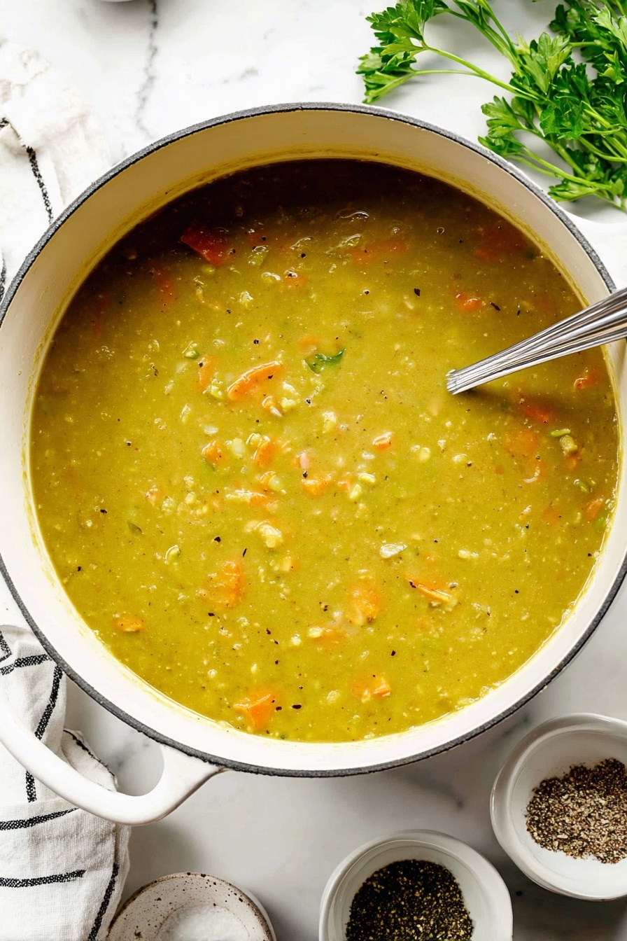 Hearty Split Pea Soup, hearty split pea soup, easy split pea soup recipe, comforting pea soup, healthy split pea soup - A large white pot filled with thick green split pea soup, showing small orange carrot pieces and light brown bits spread throughout the smooth, slightly chunky soup. A silver ladle is dipped into the soup on the right side. Around the pot, there are small white bowls with black pepper and chopped green herbs, and a white marbled surface underneath. Some green parsley leaves appear in the upper part of the image, and a white cloth with black stripes is visible on the left. photo taken with an iphone --ar 2:3 --v 7
