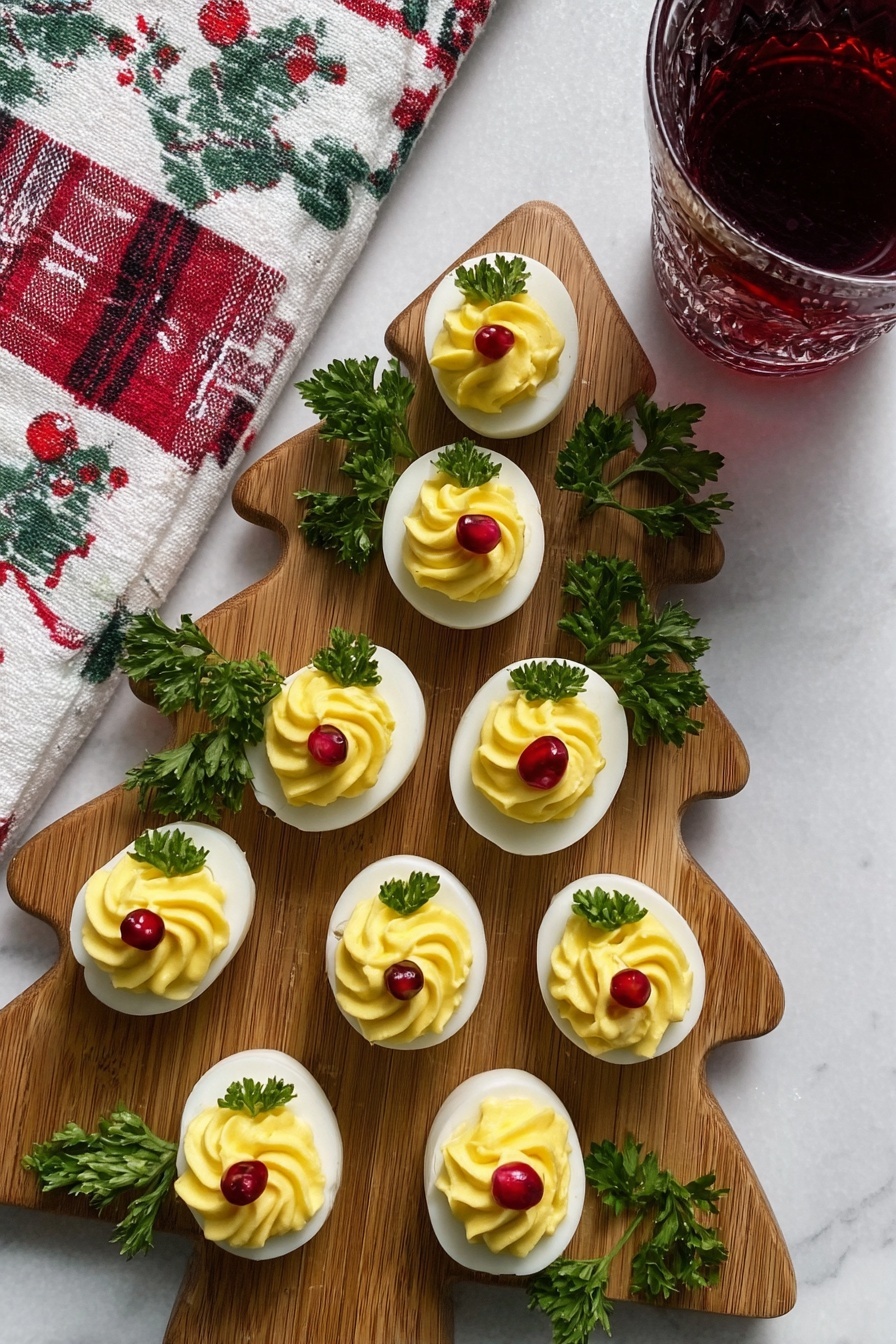 Festive Christmas Deviled Eggs, holiday deviled eggs, Christmas appetizer ideas, holiday party finger foods, festive egg recipes - There is a wooden board shaped like a Christmas tree holding fifteen deviled eggs arranged in neat rows. Each egg is halved with a smooth white outer layer of egg white, filled with a swirled, creamy light yellow yolk mixture. On top of each yolk filling sit three small, shiny red pomegranate seeds and a small green leafy garnish, likely parsley, giving a fresh and festive look. The board is placed on a white marbled surface, next to a red and green Christmas light decoration, a plaid candle with three flames, and a white cloth with red bows and green leaves pattern. photo taken with an iphone --ar 2:3 --v 7
